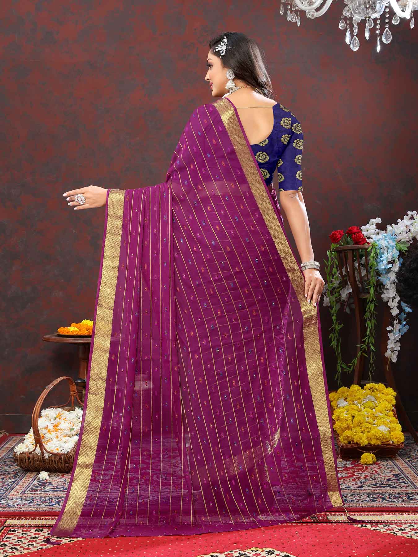 Elegant Women's Party Wear Purple Chiffon Saree with Woven Stripe Zari Border and Zari Work - Perfect for special occasions, make a statement with this stunning ensemble! Elevate your style with intricate zari detailing and luxurious chiffon fabric. Stand out from the crowd in this exquisite saree, designed to dazzle at every event. Don't miss out on this timeless piece of elegance!