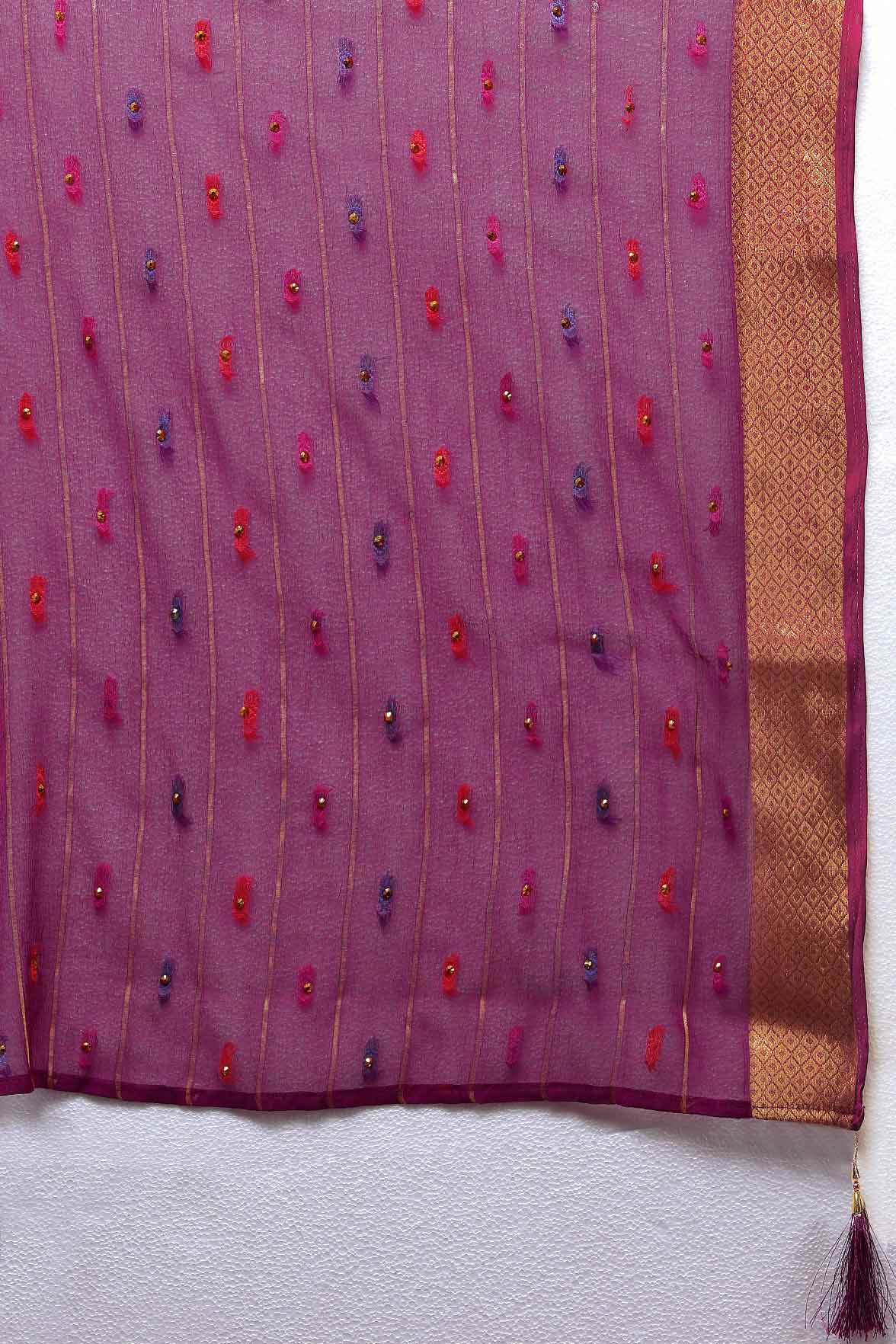 Wedding & Festive Wear Women's Woven Stripe Purple Chiffon Saree with Zari Work