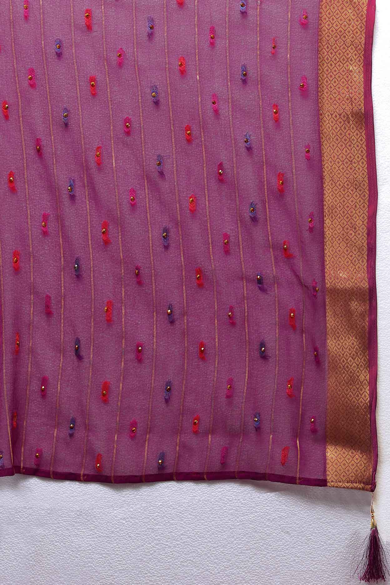 Elegant Women's Party Wear Purple Chiffon Saree with Woven Stripe Zari Border and Zari Work - Perfect for special occasions, make a statement with this stunning ensemble! Elevate your style with intricate zari detailing and luxurious chiffon fabric. Stand out from the crowd in this exquisite saree, designed to dazzle at every event. Don't miss out on this timeless piece of elegance!