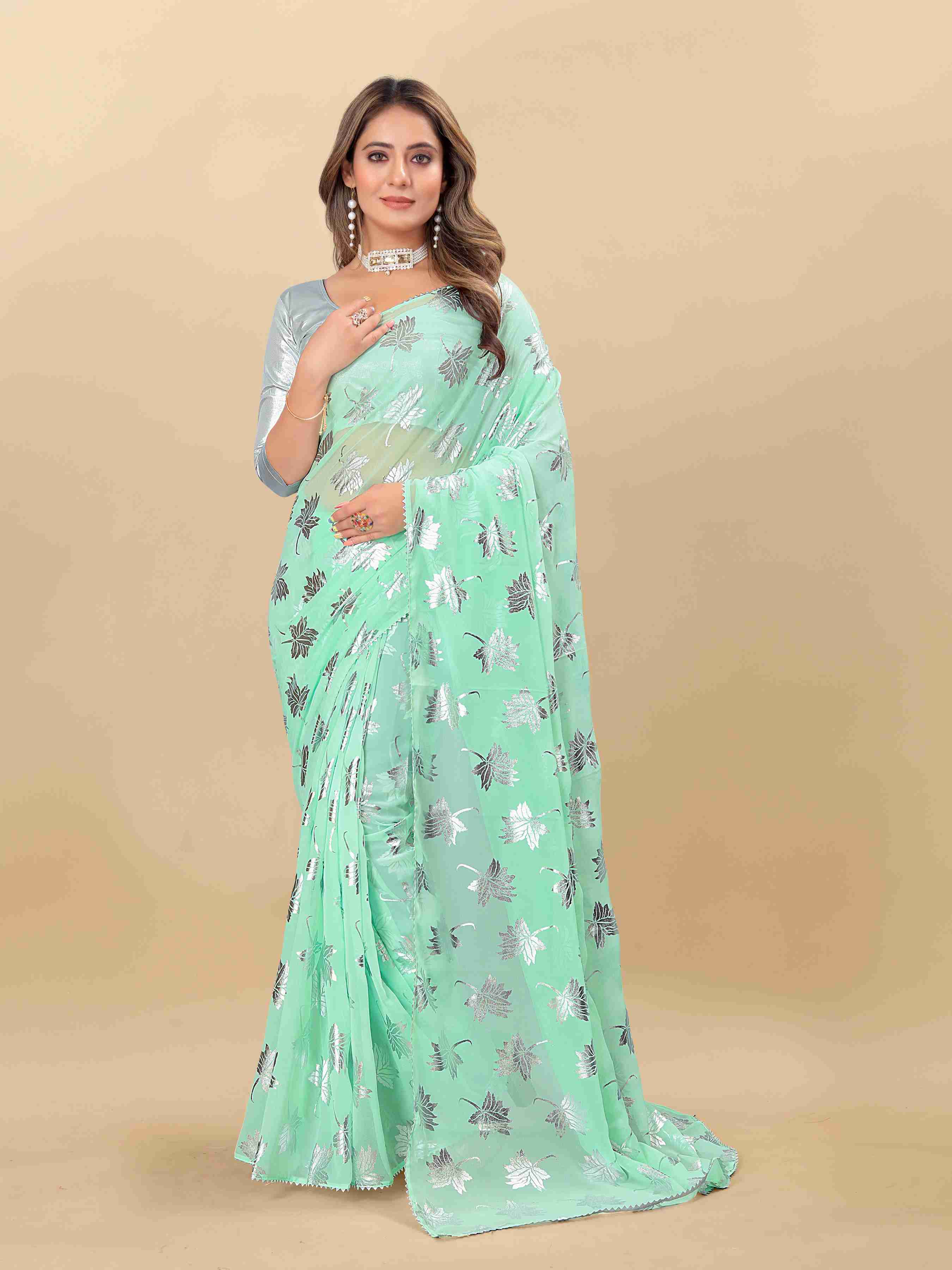 Women's Leaf Print Lace Border Work Green Georgette Saree with Blouse