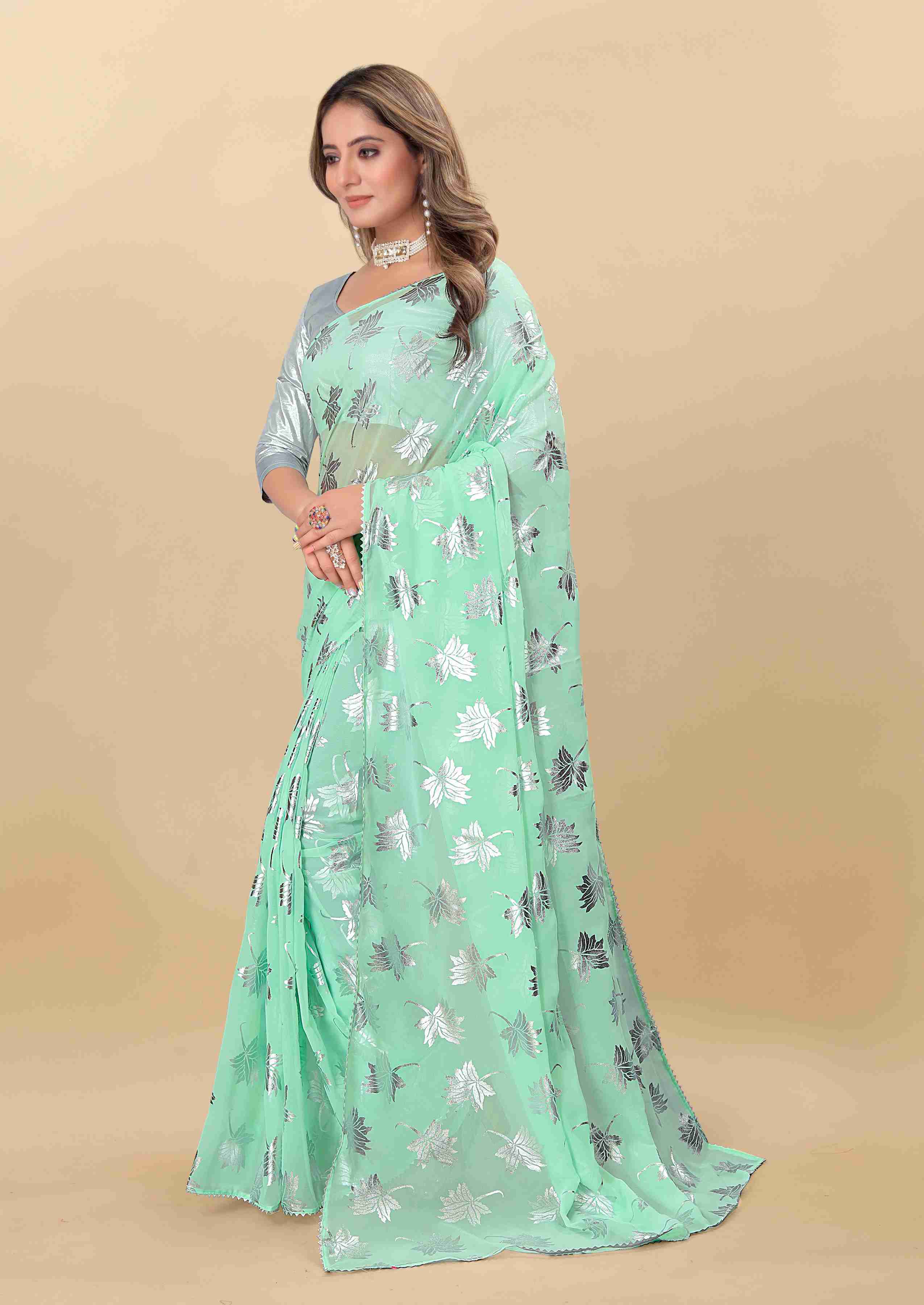 Women's Leaf Print Lace Border Work Green Georgette Saree with Blouse