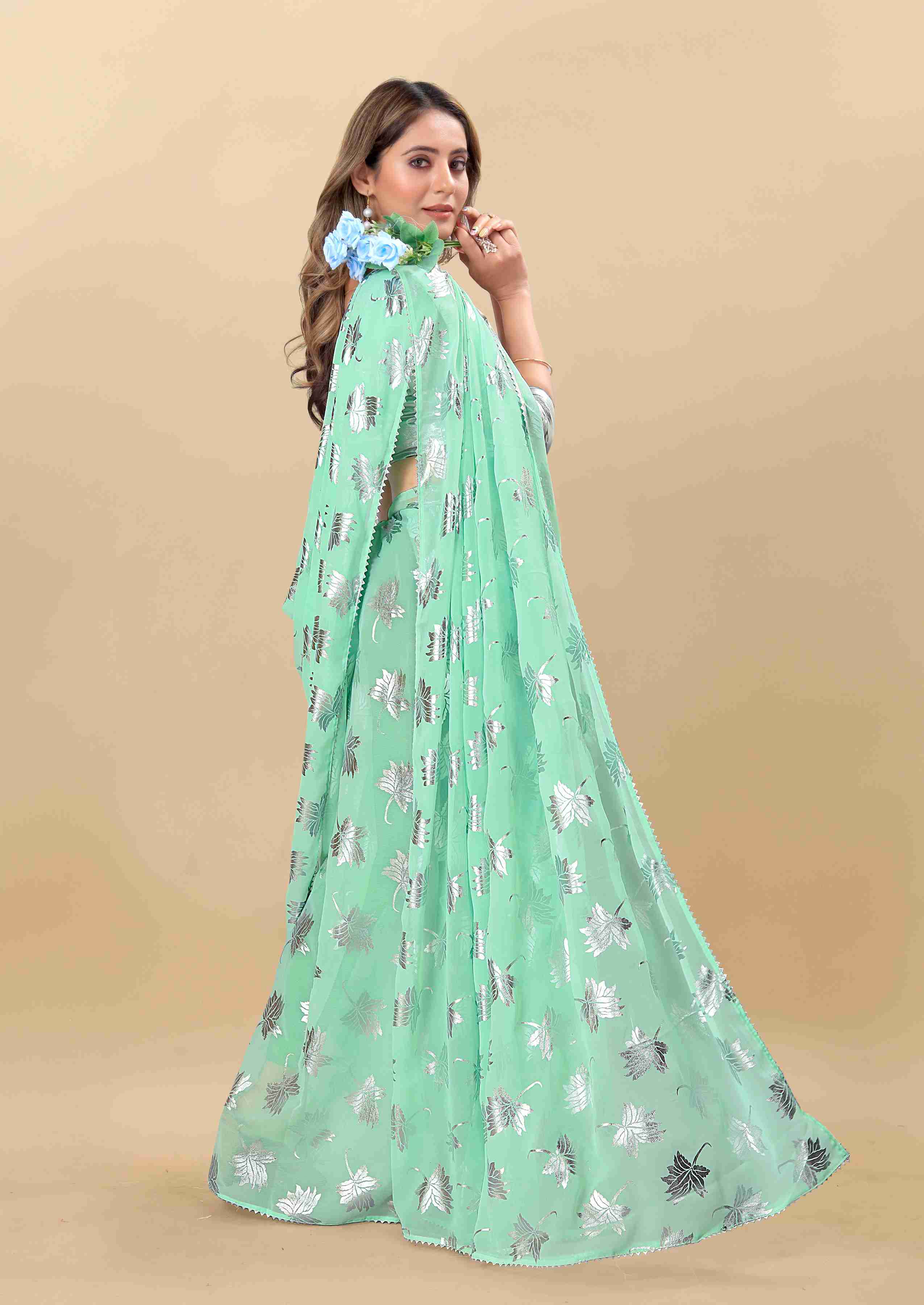 Women's Leaf Print Lace Border Work Green Georgette Saree with Blouse