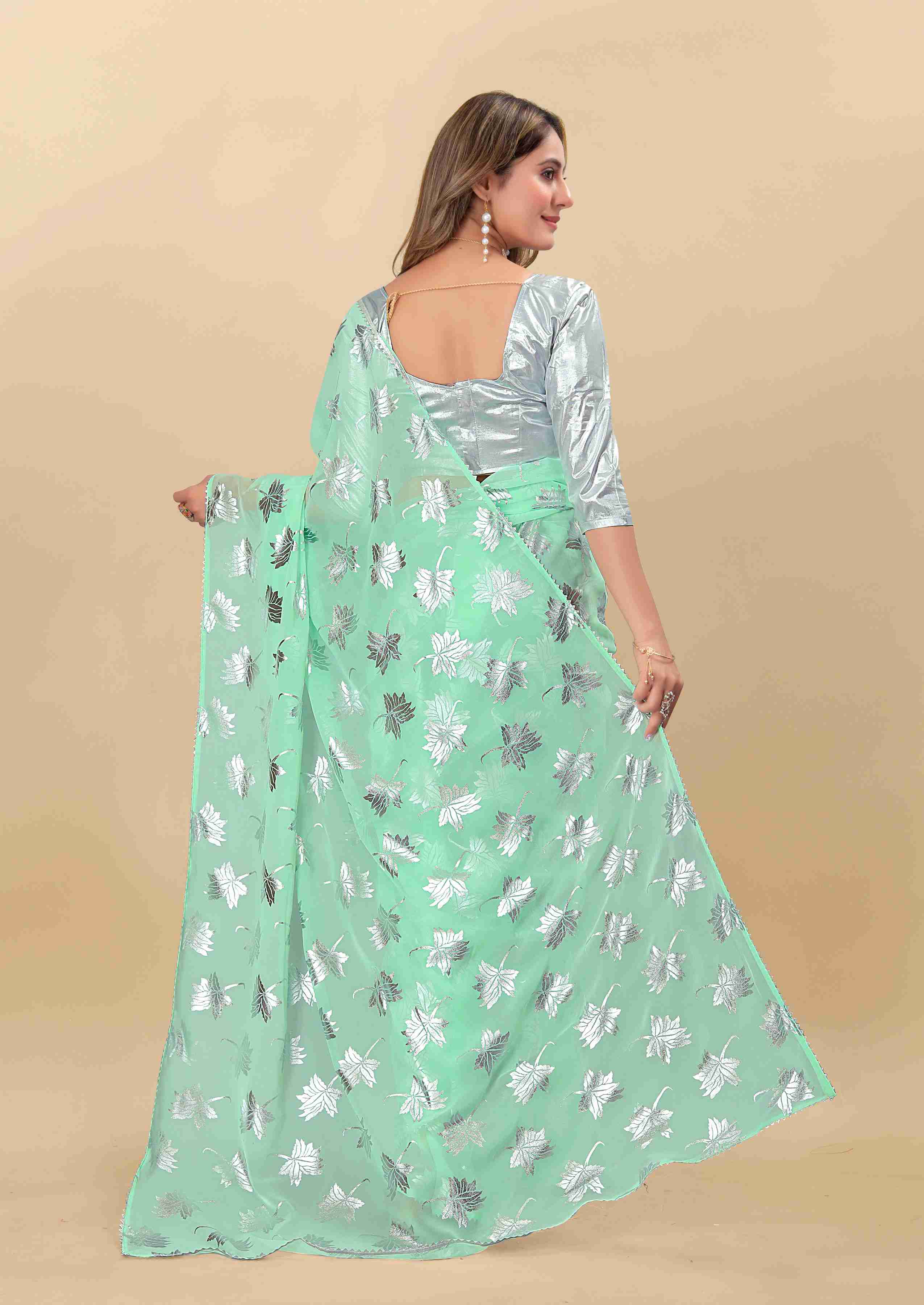 Women's Leaf Print Lace Border Work Green Georgette Saree with Blouse