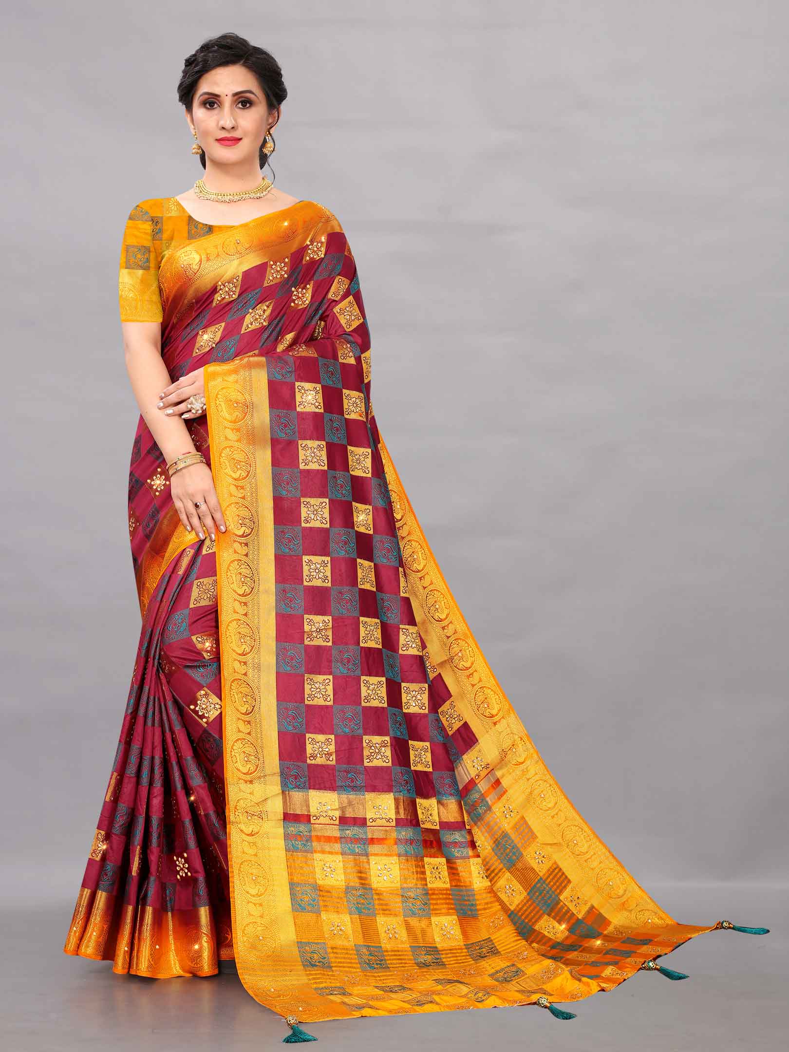 Women's Wedding Style Stone & Tassels Work Maroon Kanchipuram Pure Silk Saree