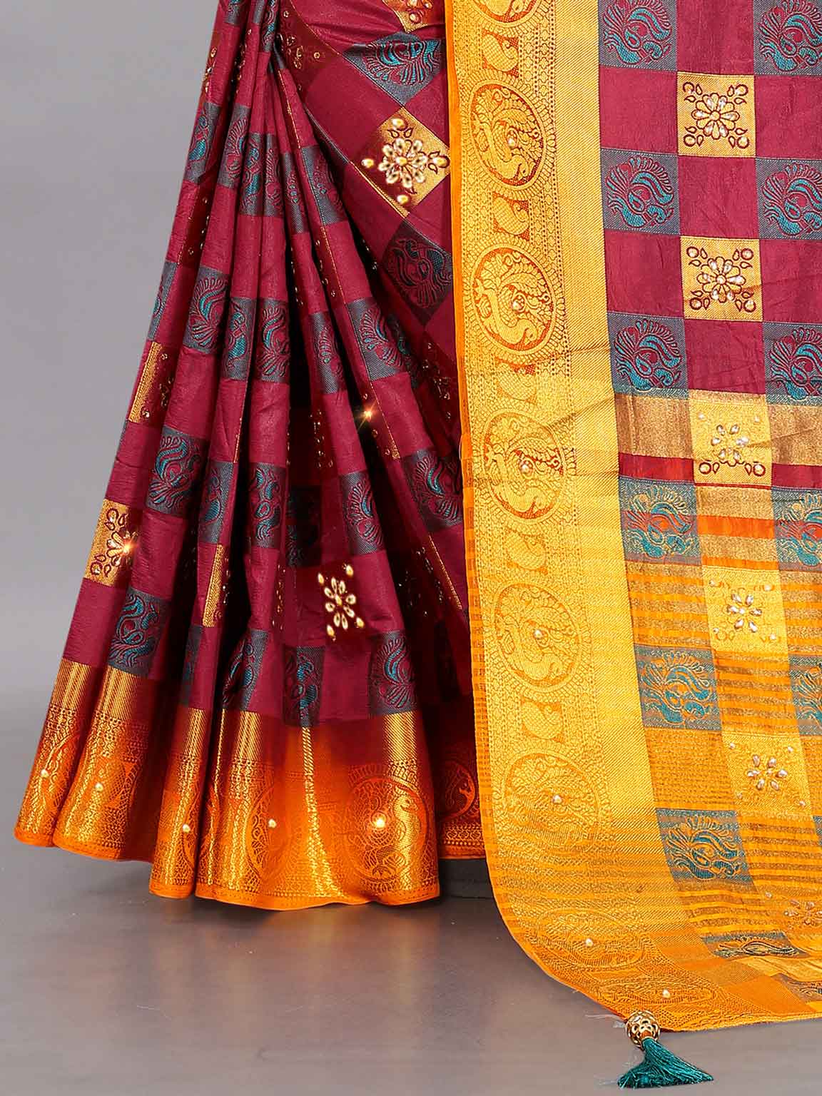 Women's Wedding Style Stone & Tassels Work Maroon Kanchipuram Pure Silk Saree