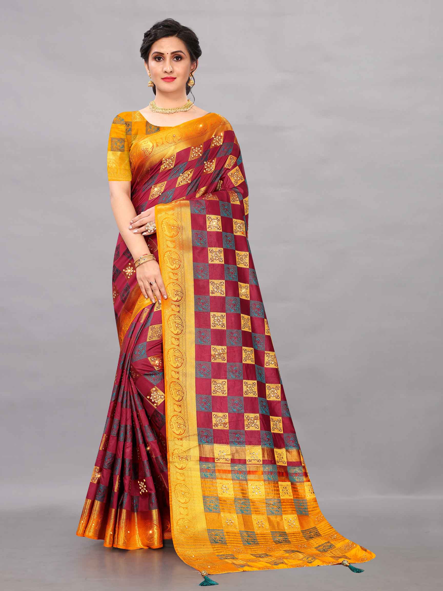 Women's Wedding Style Stone & Tassels Work Maroon Kanchipuram Pure Silk Saree