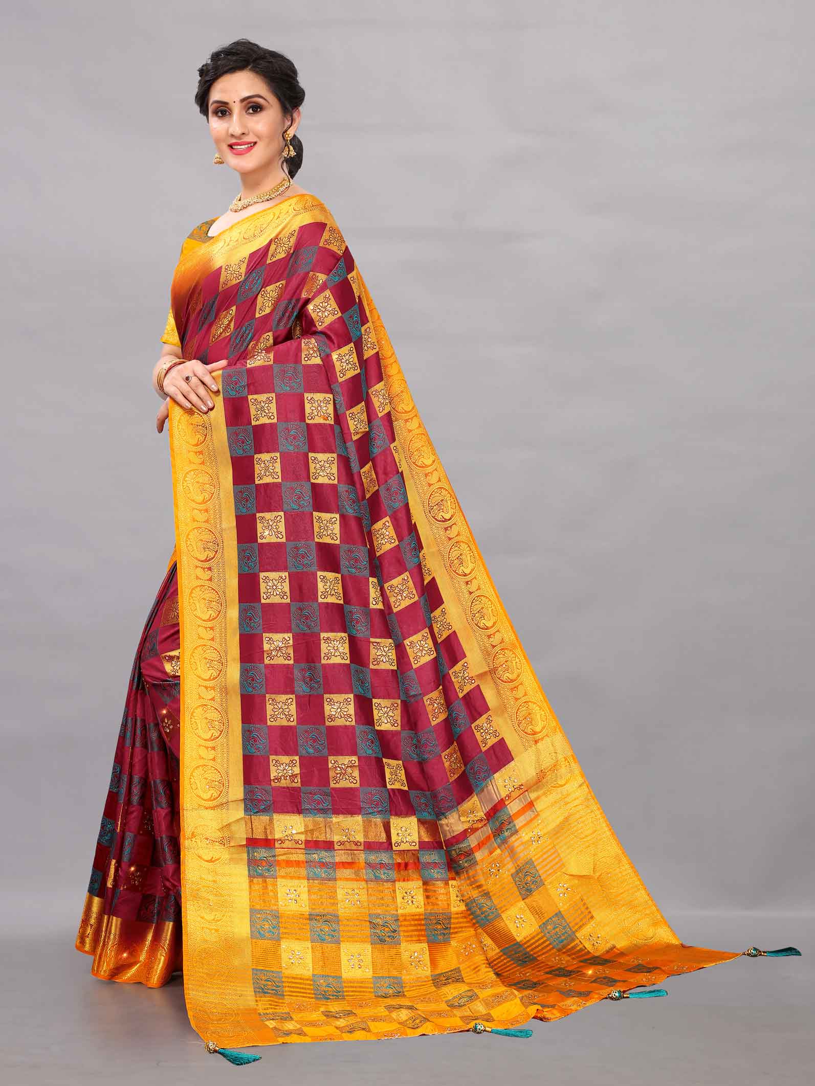 Women's Wedding Style Stone & Tassels Work Maroon Kanchipuram Pure Silk Saree