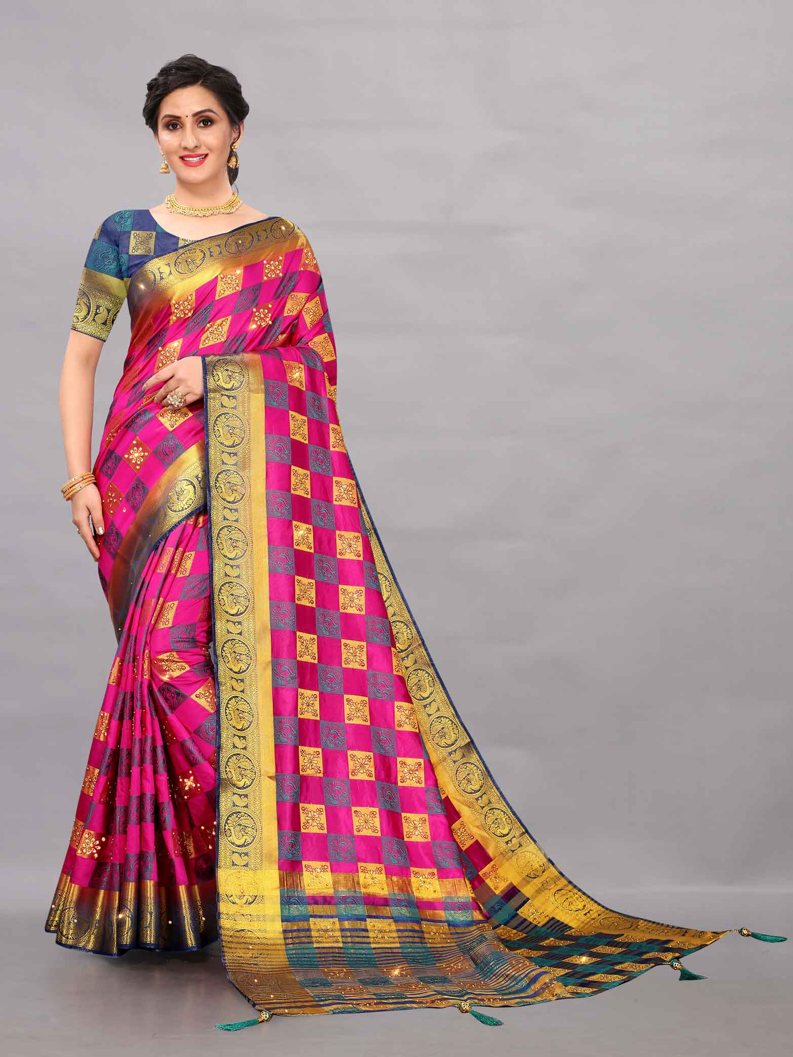 Women's Wedding Style Stone & Tassels Work Pink Kanchipuram Pure Silk Saree