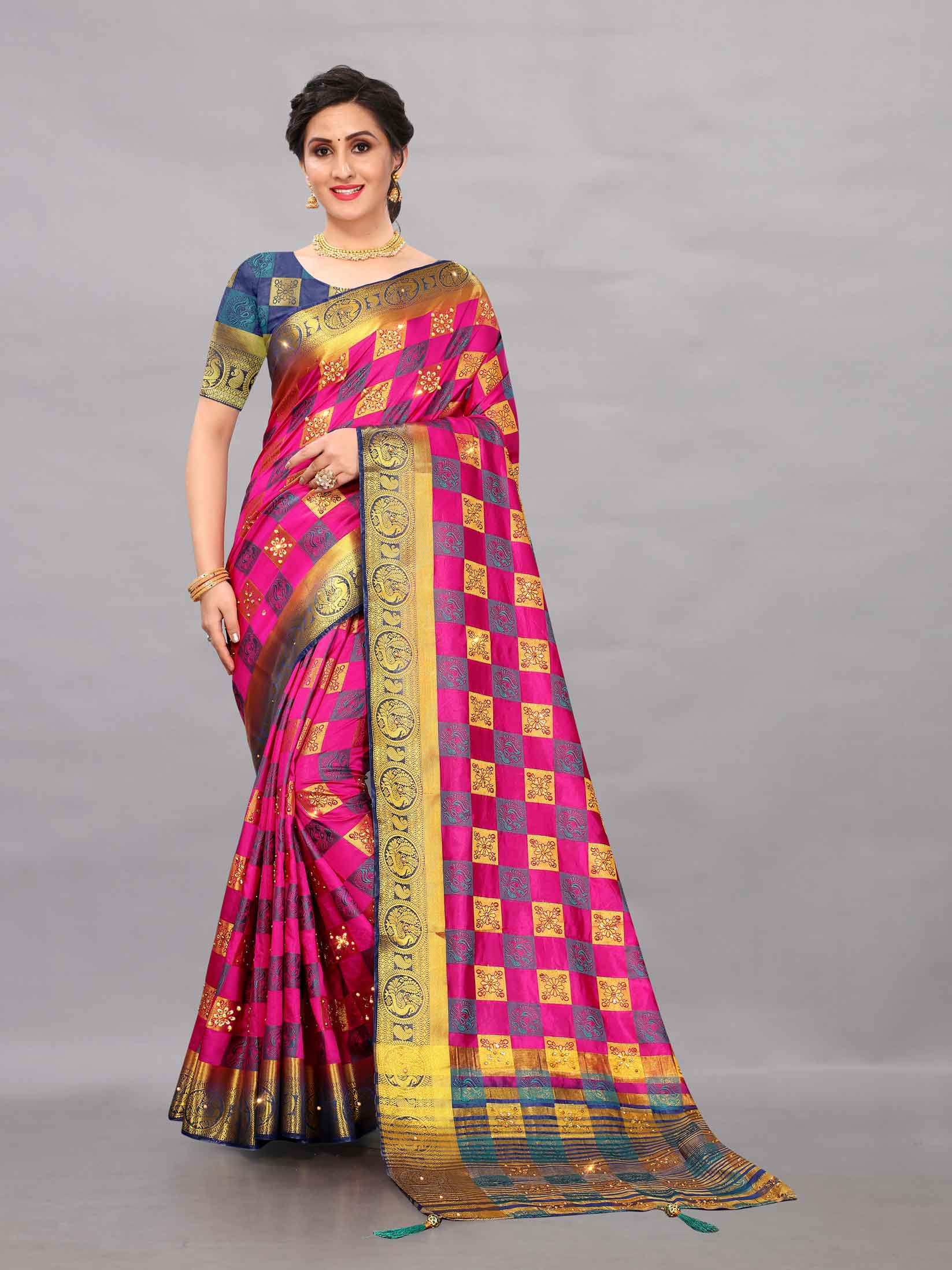 Women's Wedding Style Stone & Tassels Work Pink Kanchipuram Pure Silk Saree