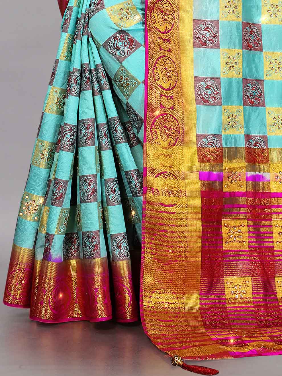 Women's Wedding Style Stone & Tassels Work Sky Blue Kanchipuram Pure Silk Saree