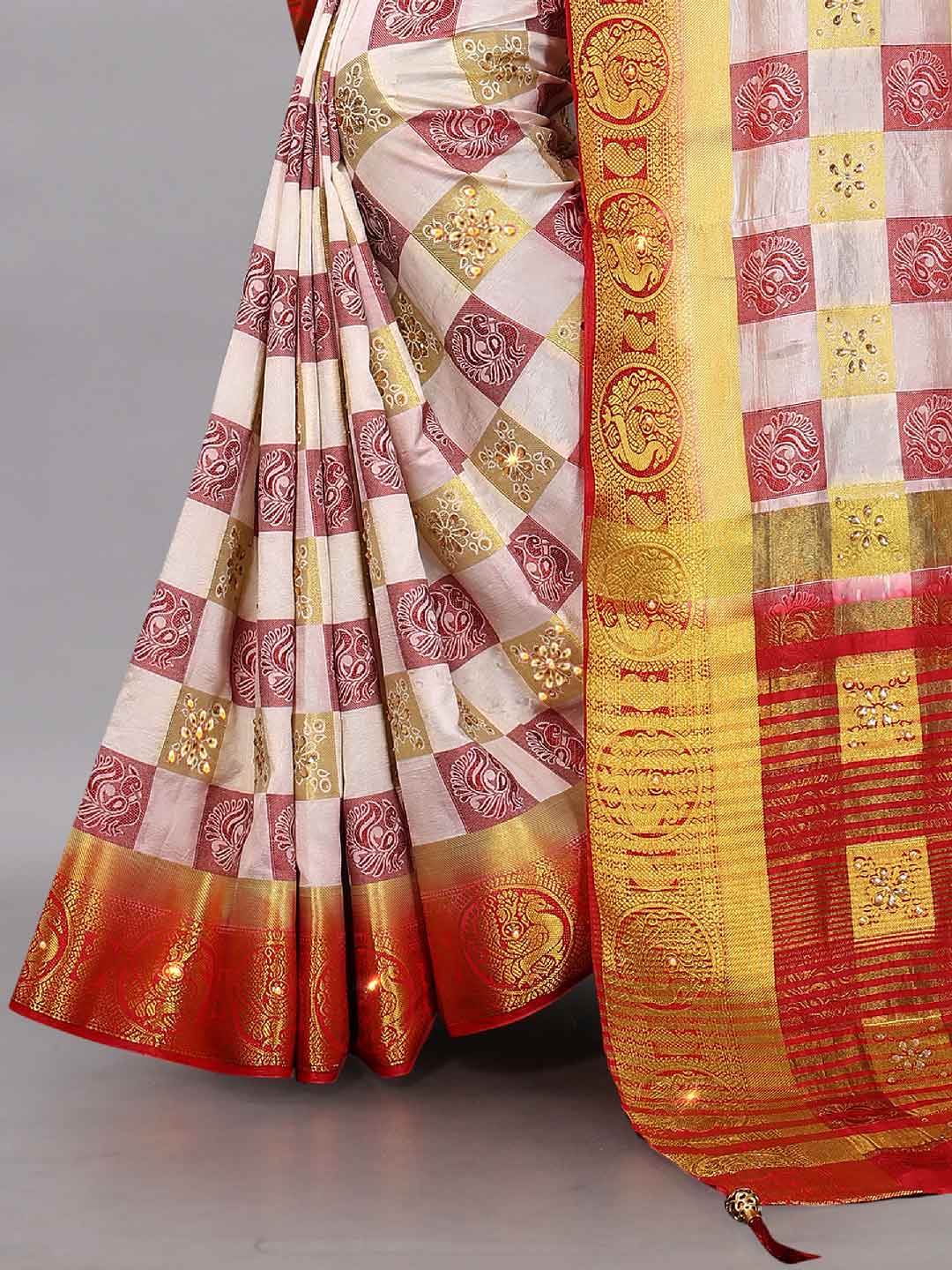 Women's Wedding Style Stone & Tassels Work Beige Kanchipuram Pure Silk Saree