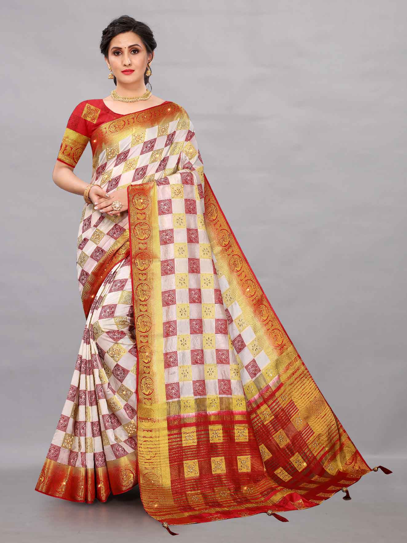 Women's Wedding Style Stone & Tassels Work Beige Kanchipuram Pure Silk Saree