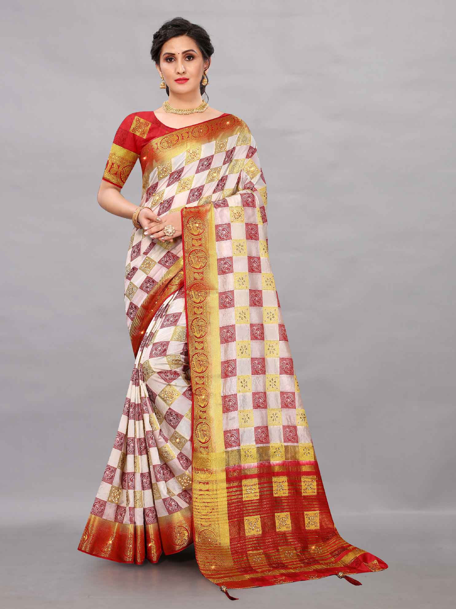 Women's Wedding Style Stone & Tassels Work Beige Kanchipuram Pure Silk Saree