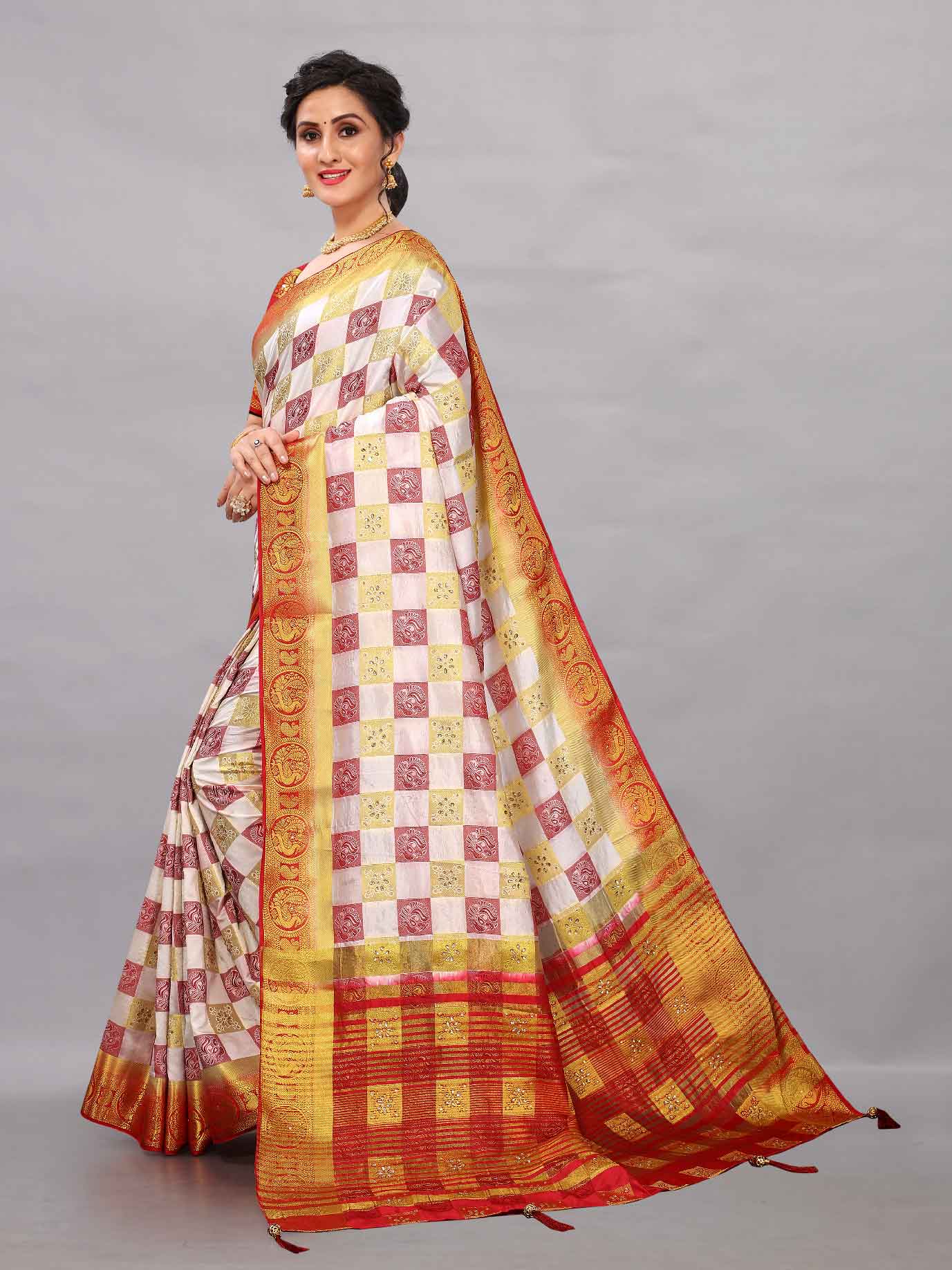 Women's Wedding Style Stone & Tassels Work Beige Kanchipuram Pure Silk Saree