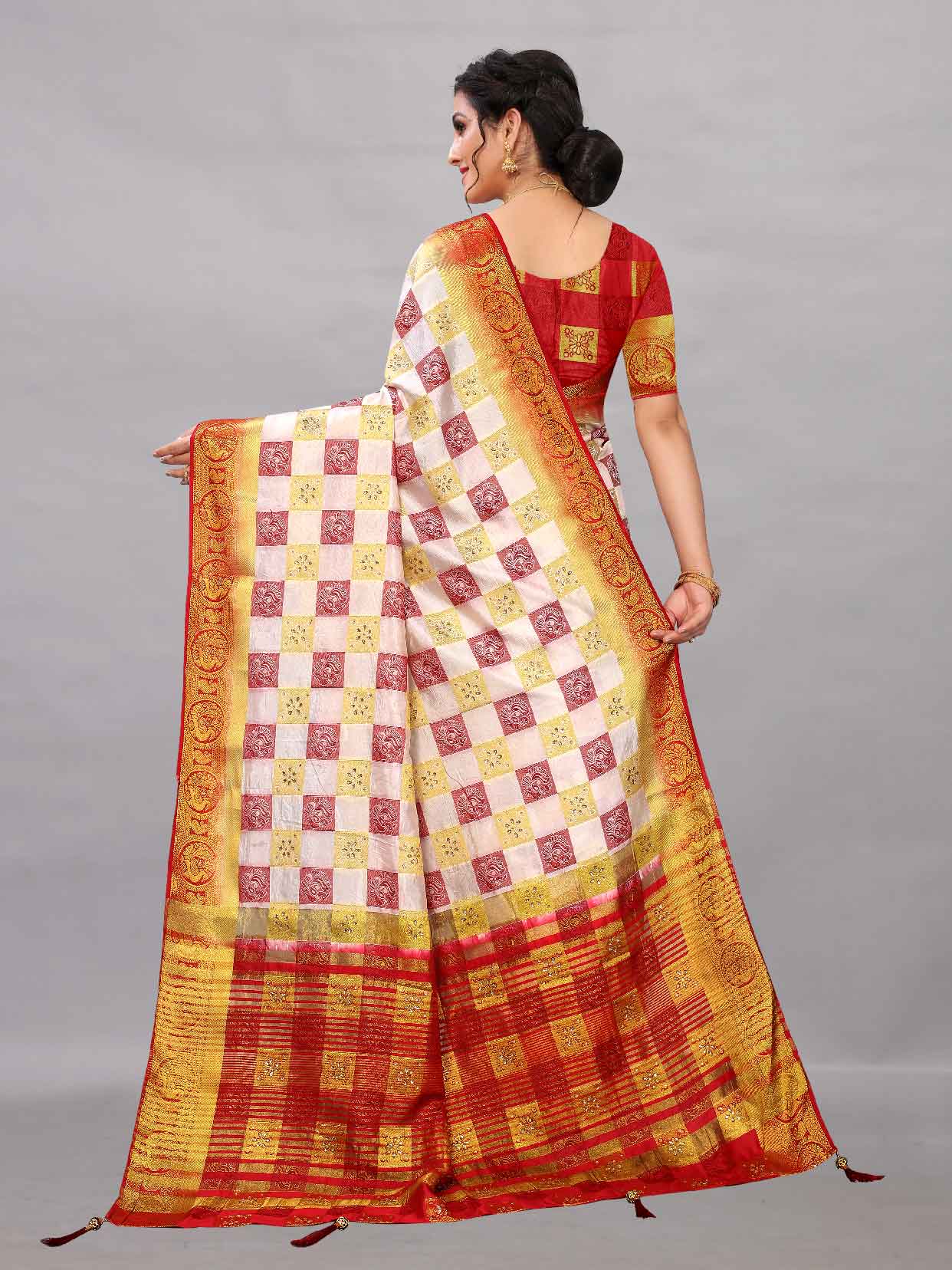 Women's Wedding Style Stone & Tassels Work Beige Kanchipuram Pure Silk Saree