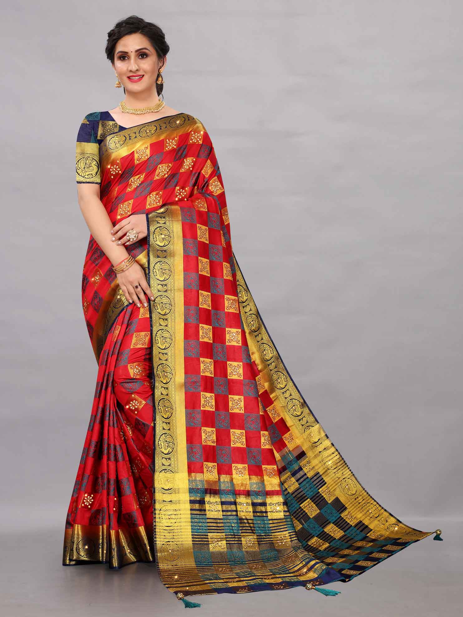 Women's Wedding Style Stone & Tassels Work Red Kanchipuram Pure Silk Saree