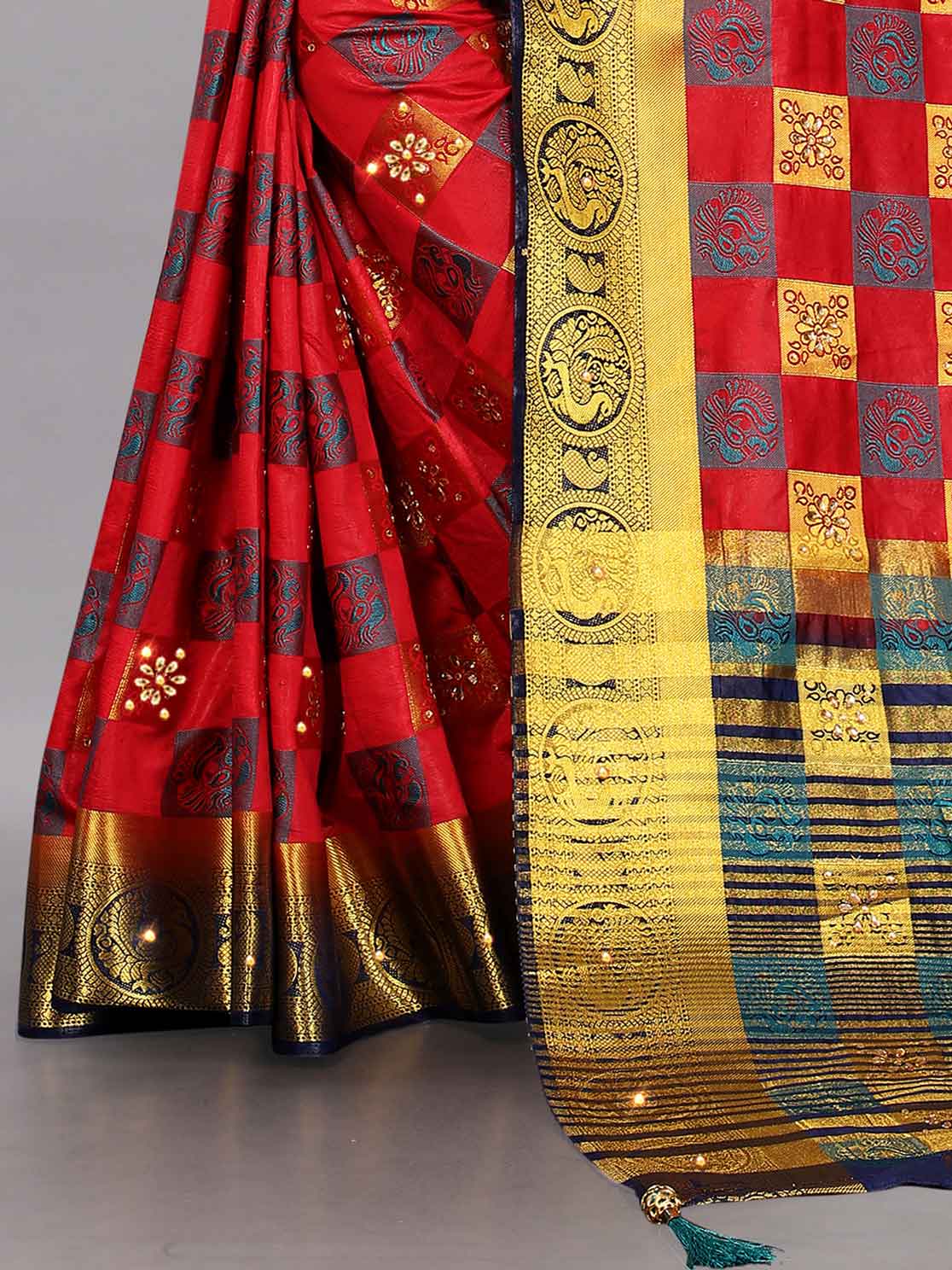 Women's Wedding Style Stone & Tassels Work Red Kanchipuram Pure Silk Saree