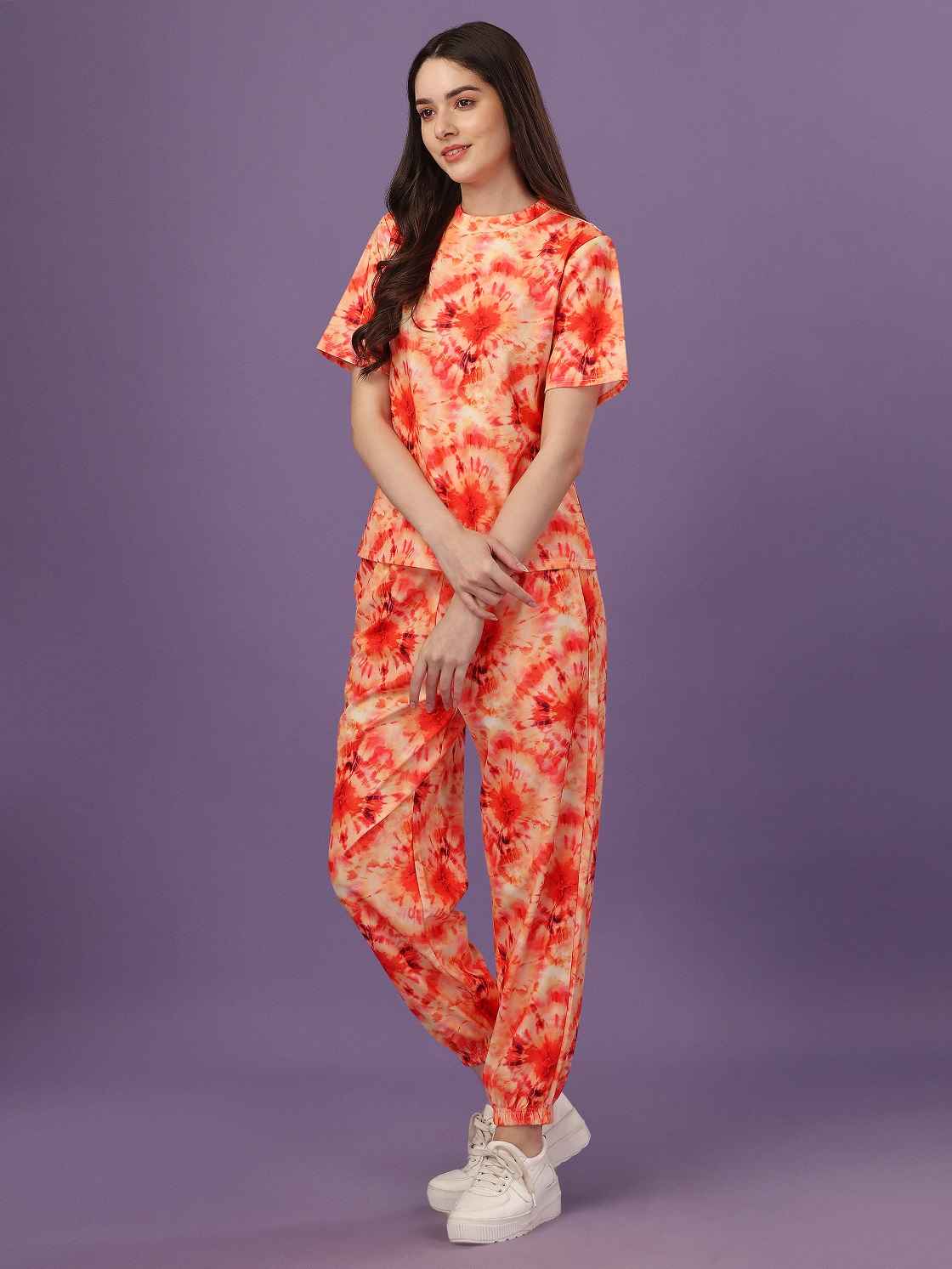 Rheycart Women's Cotton Lycra Printed Round Neck Half Sleeve Orange Night Suit For Women