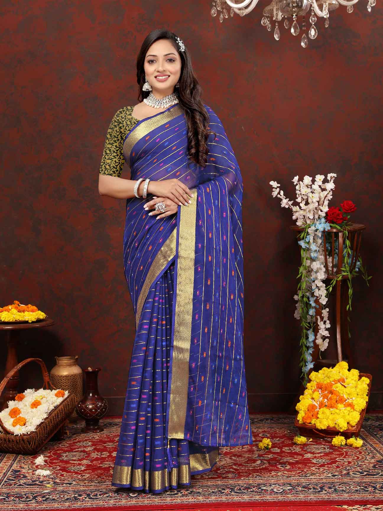 Wedding & Party Wear Women's Woven Stripe Navy Blue Chiffon Saree with Zari Work