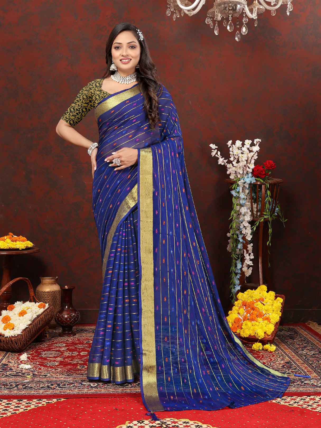 Wedding & Party Wear Women's Woven Stripe Navy Blue Chiffon Saree with Zari Work