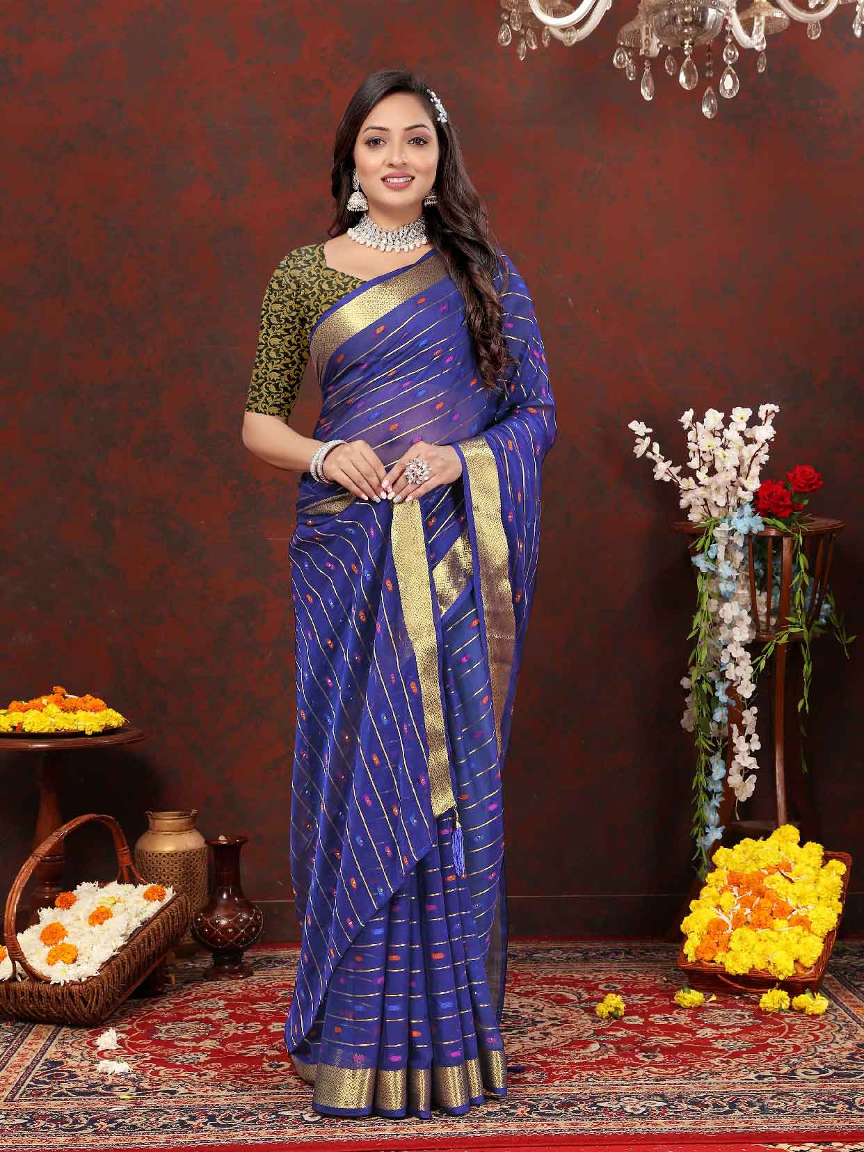 Wedding & Party Wear Women's Woven Stripe Navy Blue Chiffon Saree with Zari Work