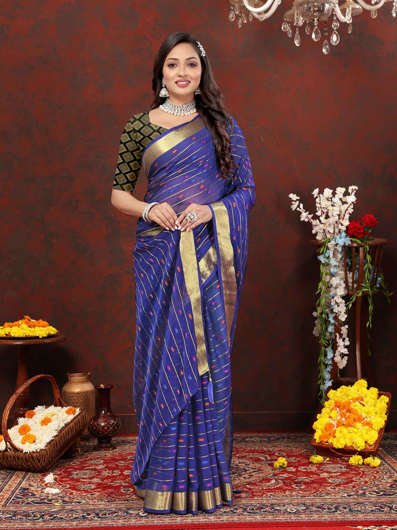 Women's Party Wear Woven Stripe Zari Border Navy Blue Chiffon Saree with Zari Work