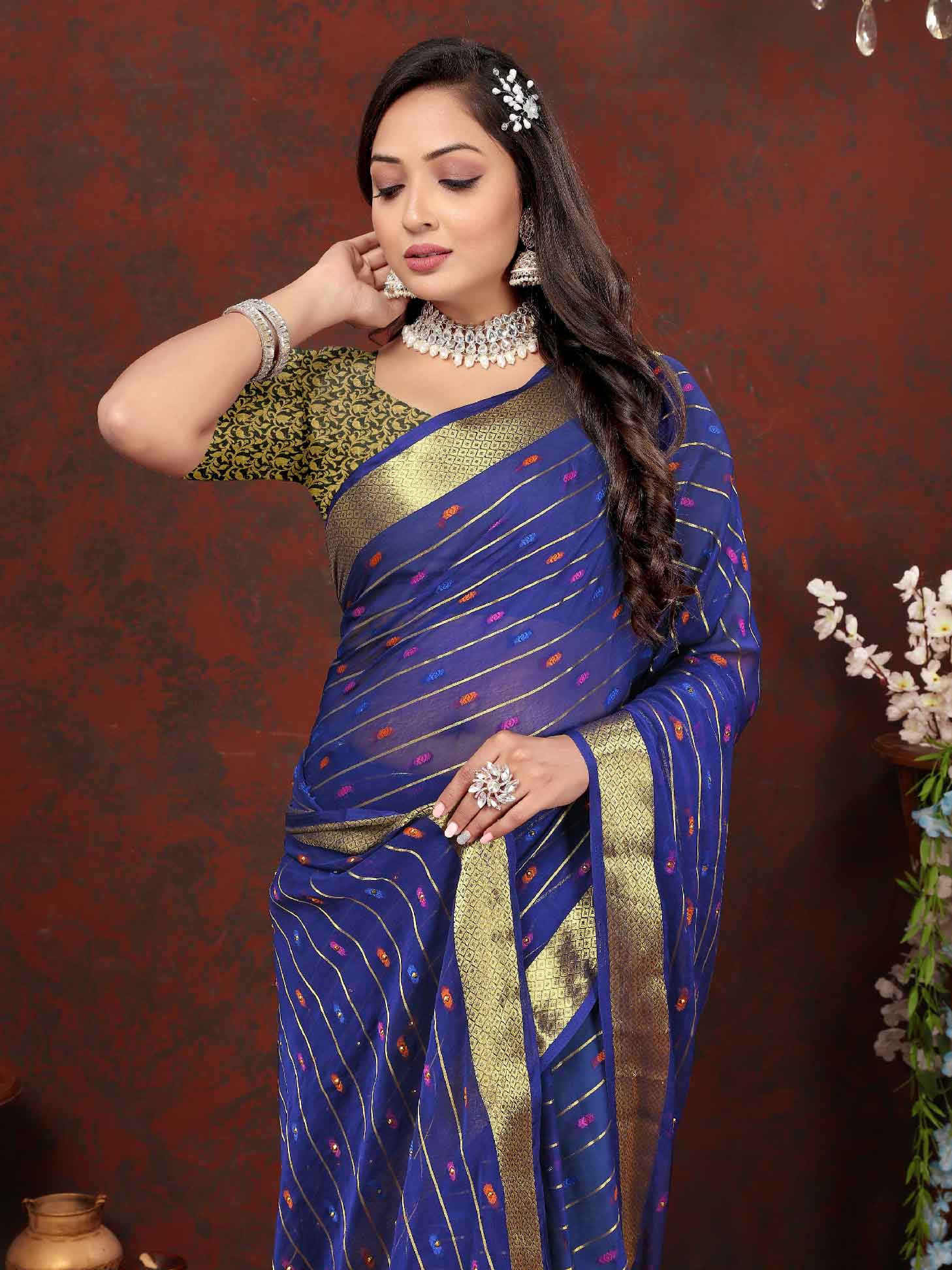 Wedding & Party Wear Women's Woven Stripe Navy Blue Chiffon Saree with Zari Work