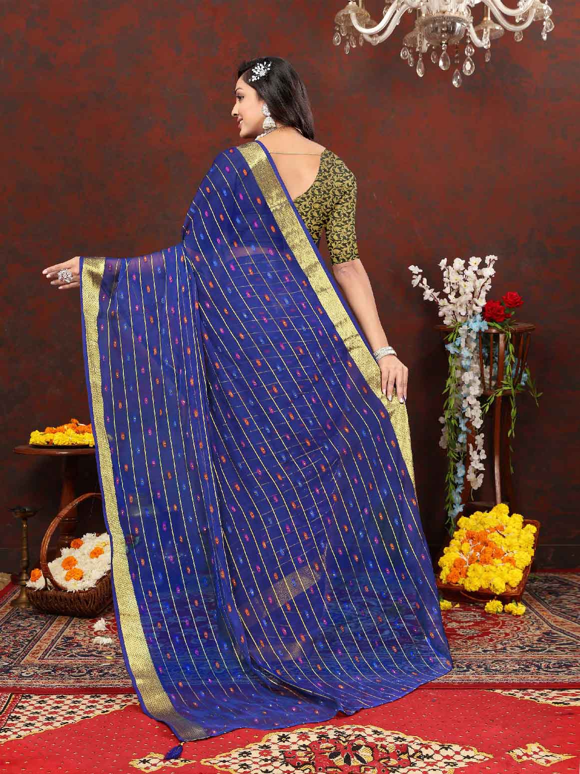 Wedding & Party Wear Women's Woven Stripe Navy Blue Chiffon Saree with Zari Work