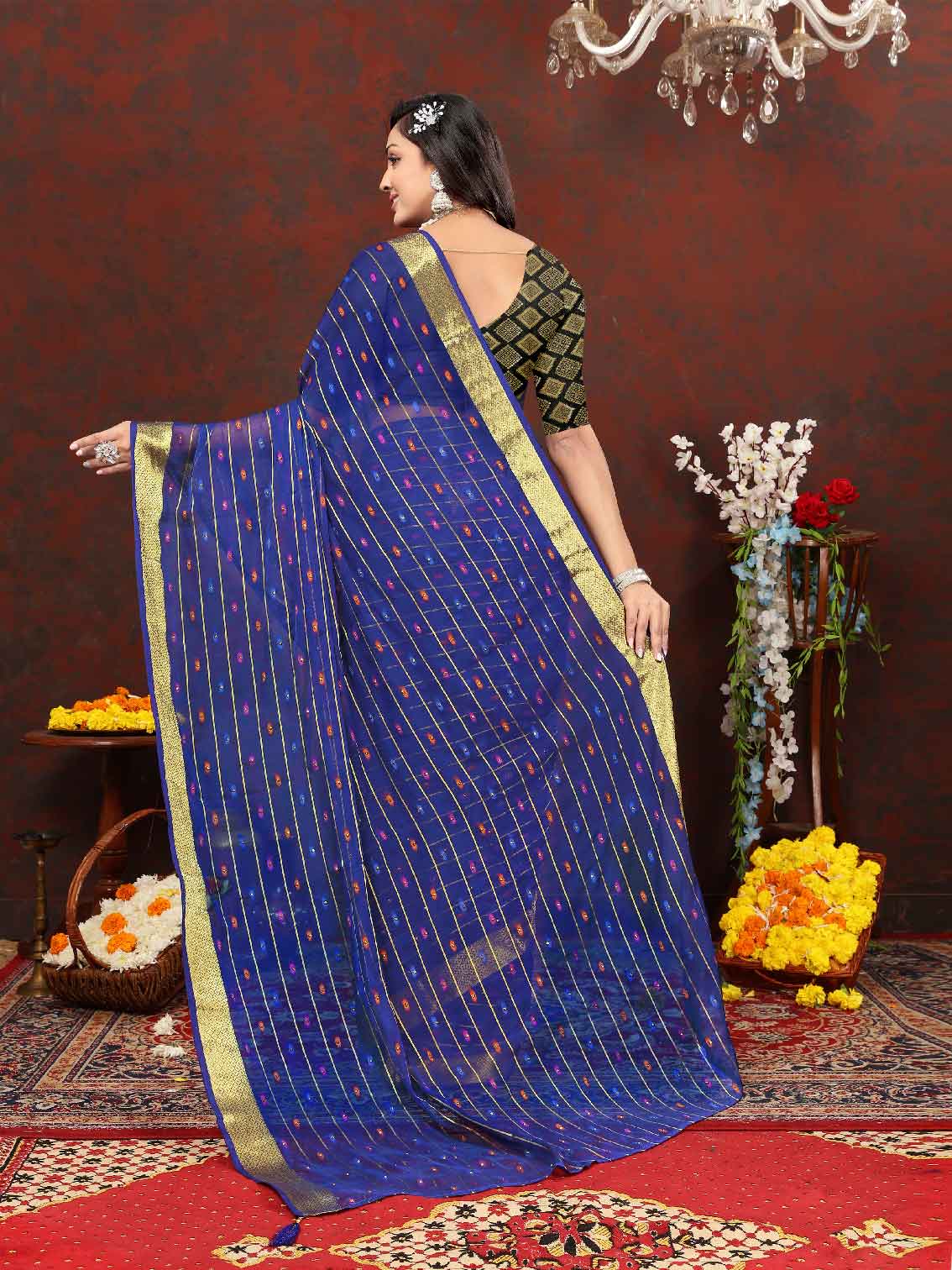 Women's Party Wear Woven Stripe Zari Border Navy Blue Chiffon Saree with Zari Work