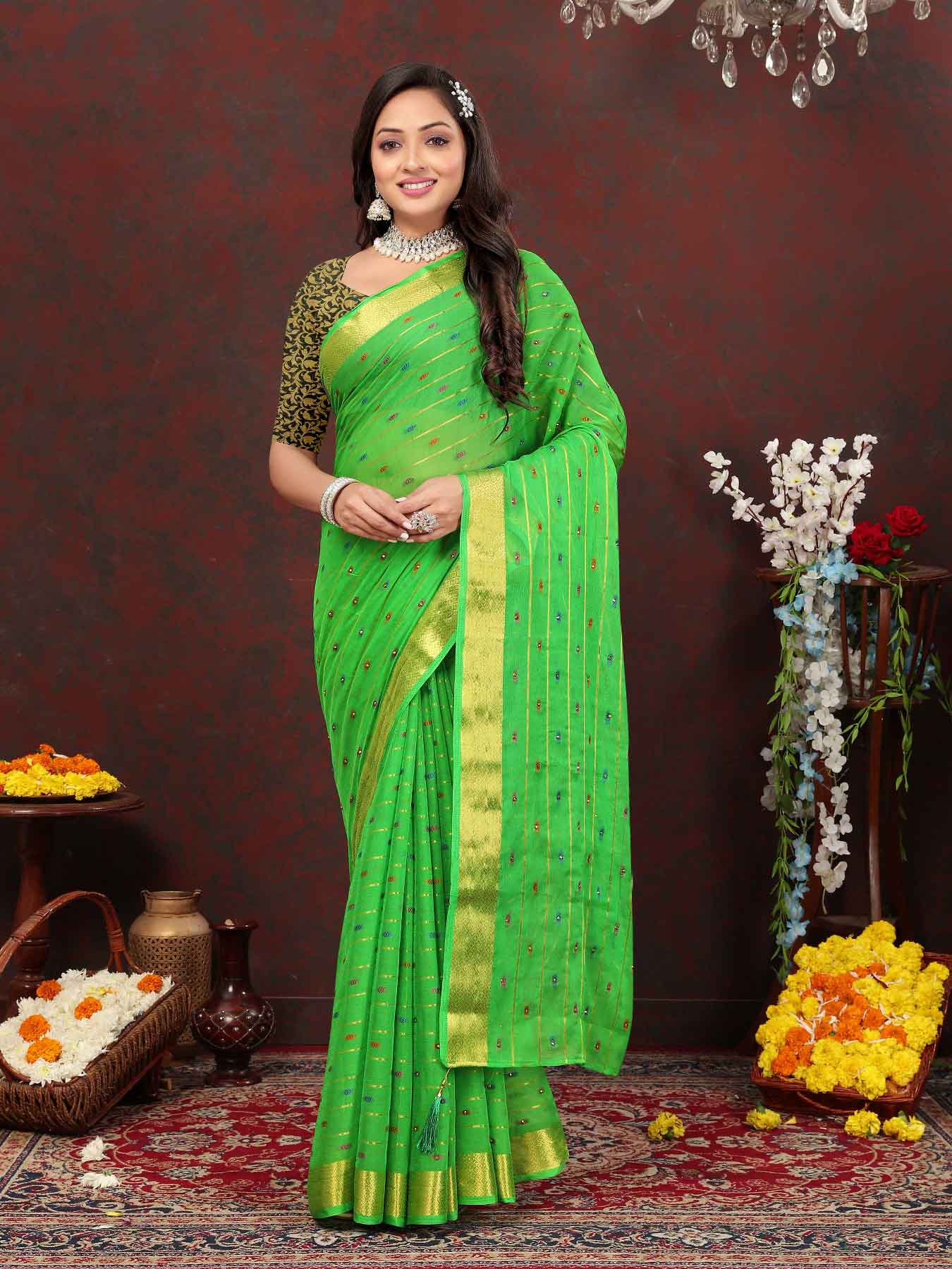 Wedding & Party Wear Women's Woven Stripe Green Chiffon Saree with Zari Work