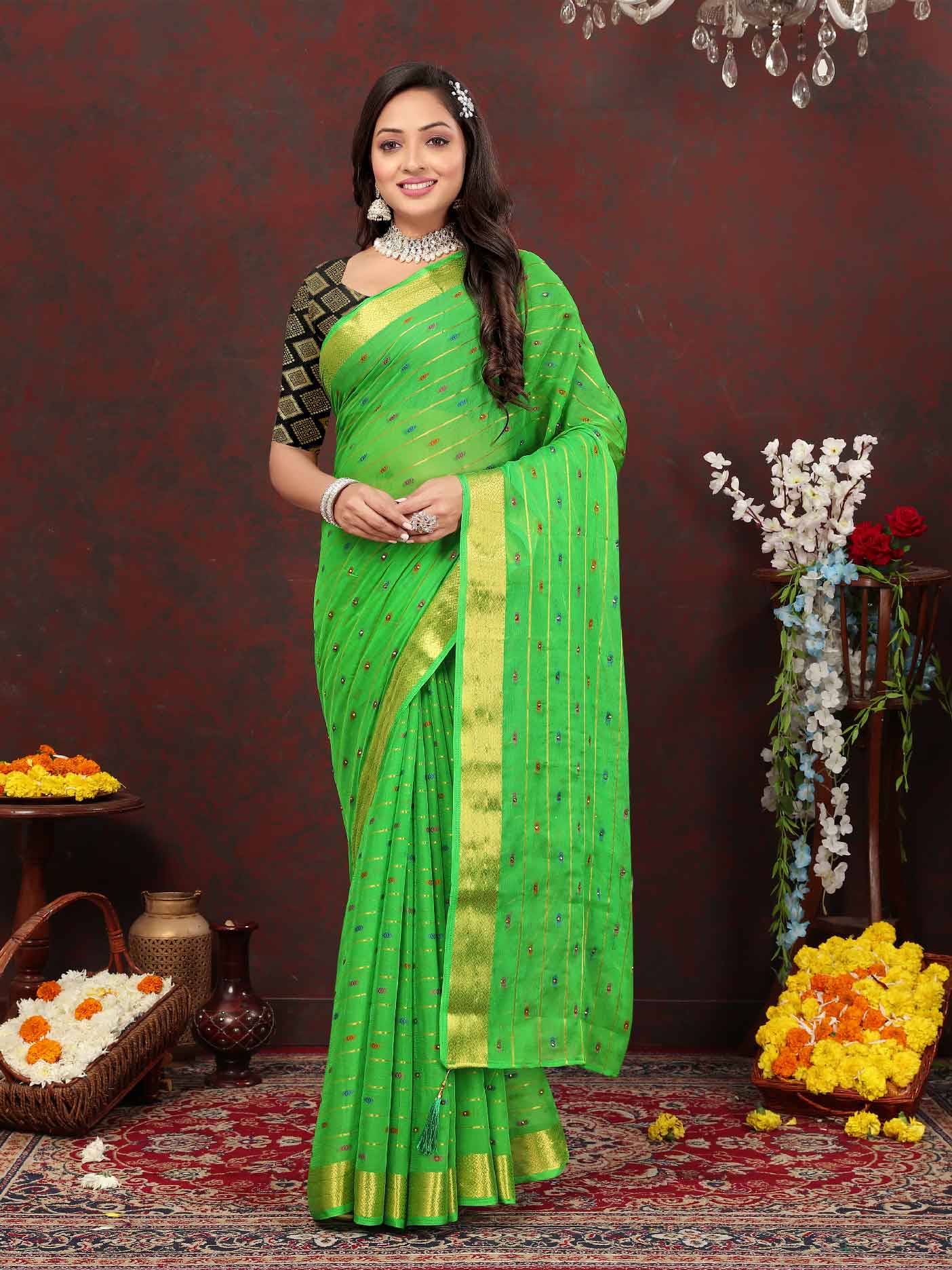 Chic Women's Party Wear Green Chiffon Saree with Woven Stripe Zari Border and Tassels - Elevate your style with this stunning ensemble! Perfect for special occasions, this saree features intricate zari detailing and playful tassels for a touch of elegance. Stand out from the crowd and make a statement in this luxurious saree. Don't miss out on adding this timeless piece to your wardrobe