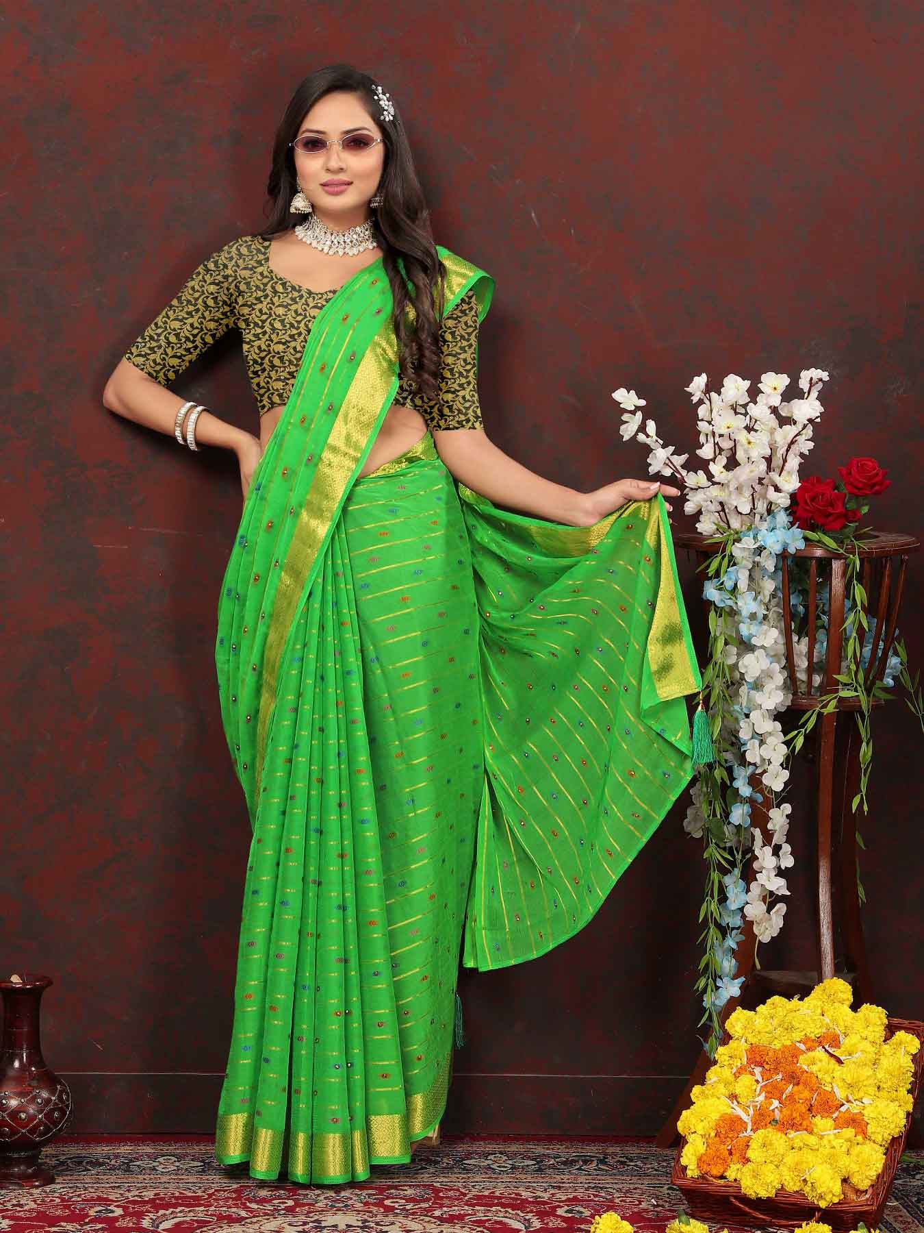 Wedding & Party Wear Women's Woven Stripe Green Chiffon Saree with Zari Work