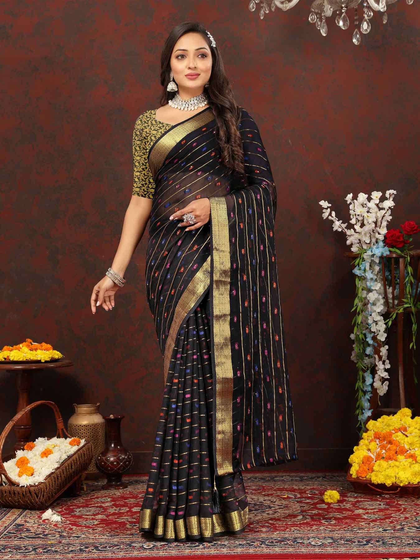 Wedding & Party Wear Women's Woven Stripe Black Chiffon Saree with Zari Work