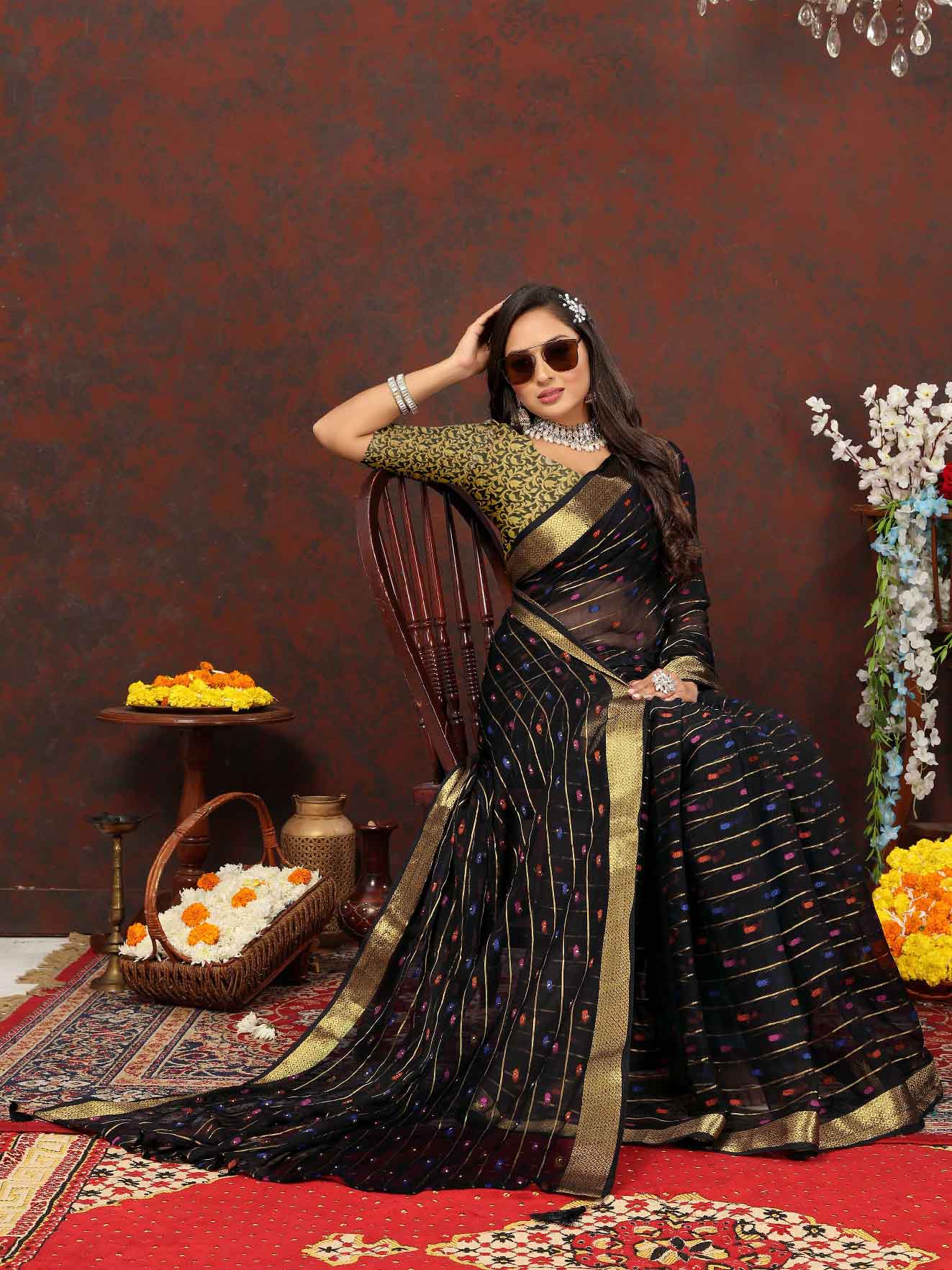 Wedding & Party Wear Women's Woven Stripe Black Chiffon Saree with Zari Work