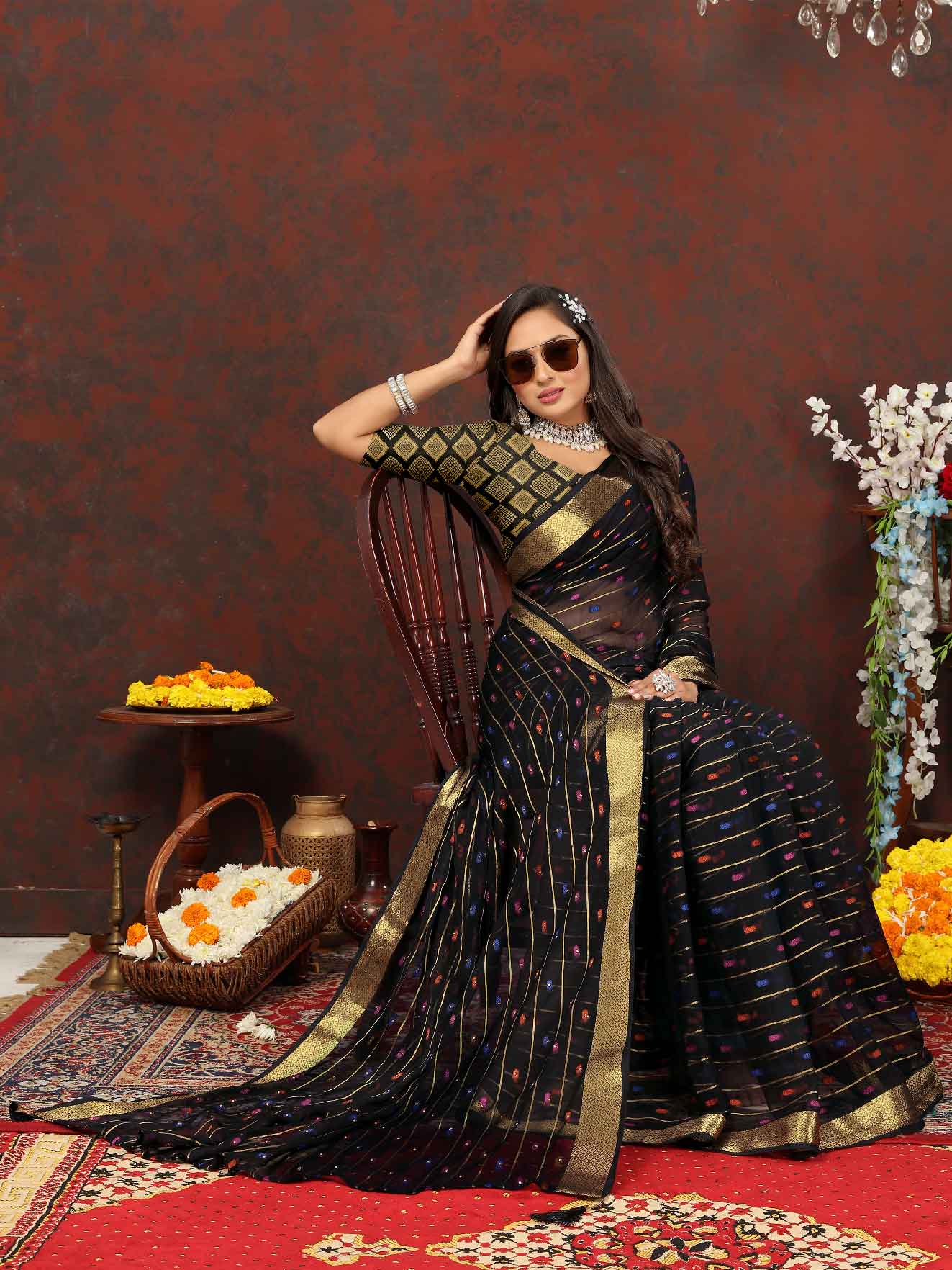 Women's Party Wear Woven Stripe Zari Border Black Chiffon Saree with Zari Work