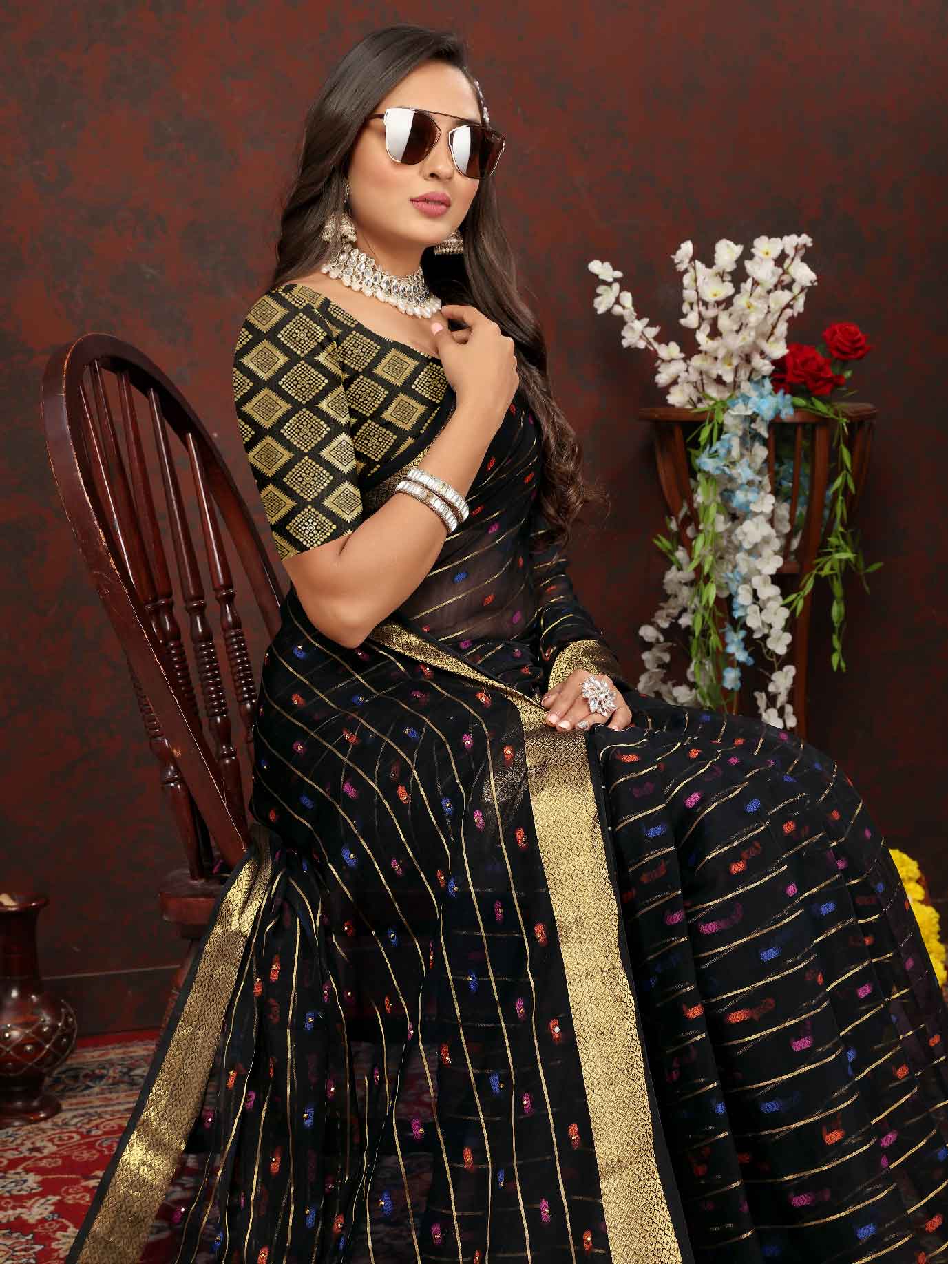 Women's Party Wear Woven Stripe Zari Border Black Chiffon Saree with Zari Work