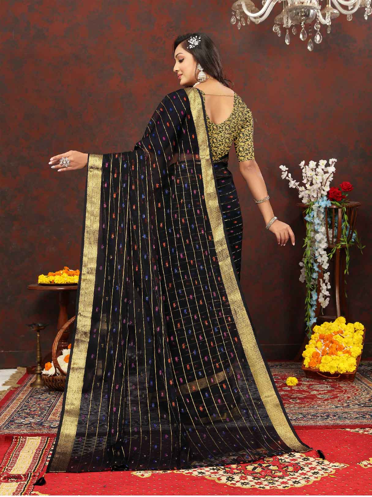 Wedding & Party Wear Women's Woven Stripe Black Chiffon Saree with Zari Work