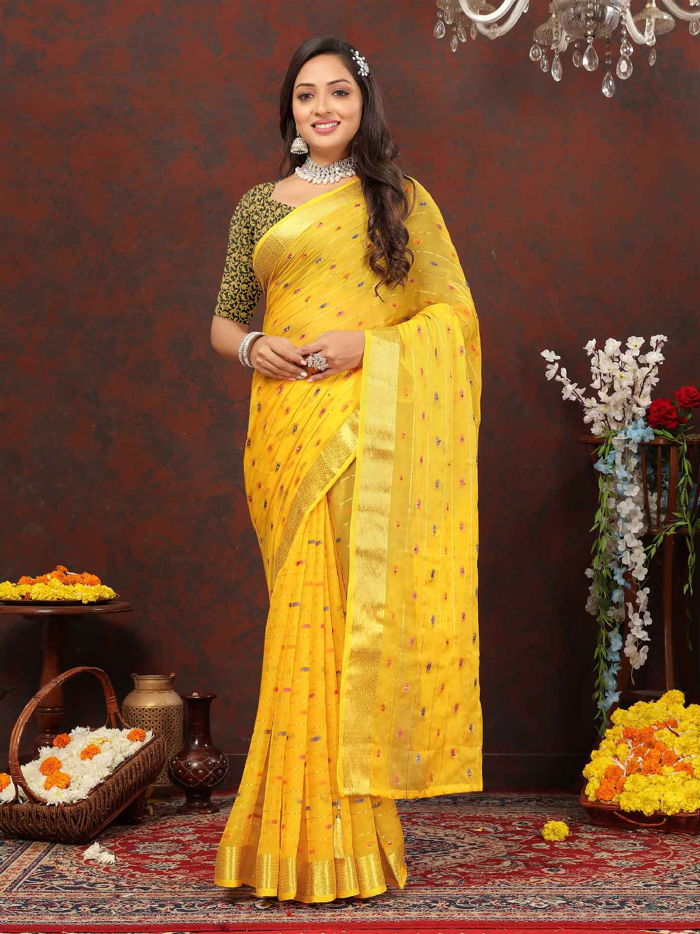 Wedding & Party Wear Women's Woven Stripe Yellow Chiffon Saree with Zari Work