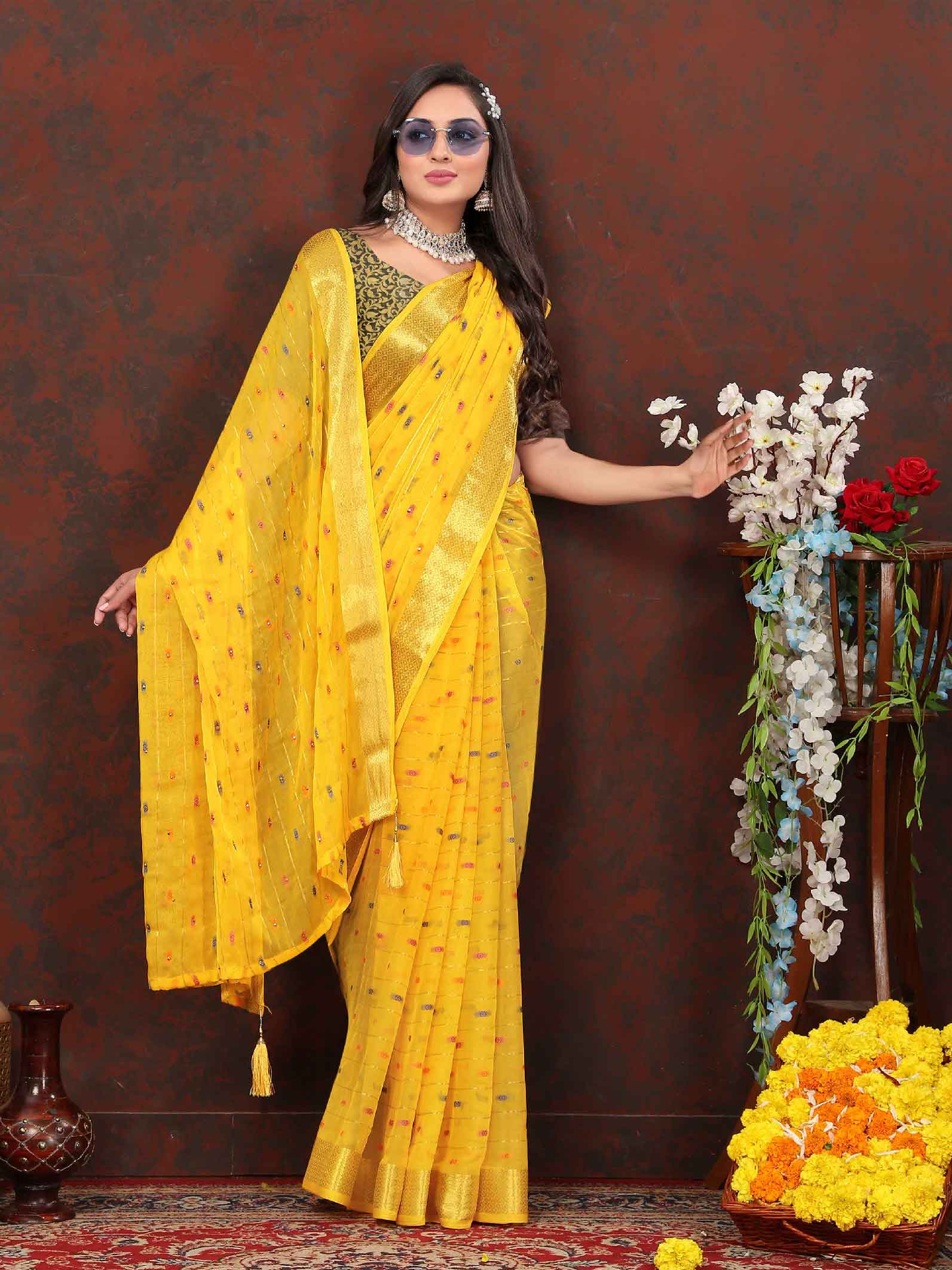 Wedding & Party Wear Women's Woven Stripe Yellow Chiffon Saree with Zari Work