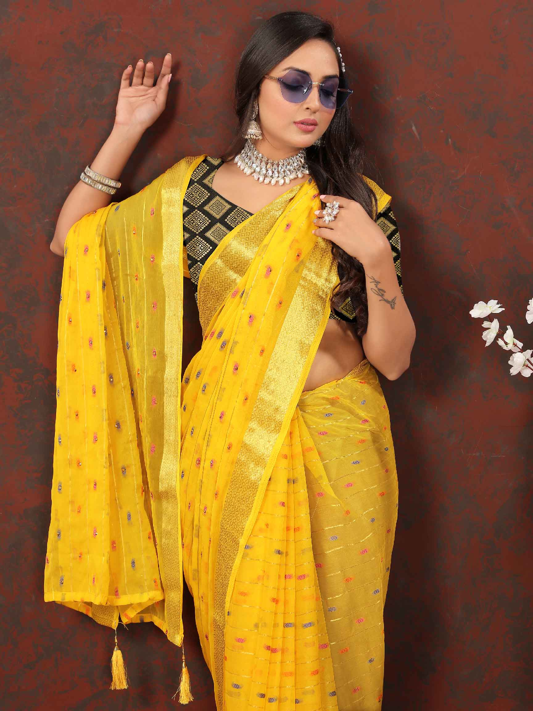 Women's Party Wear Woven Stripe Zari Border Yellow Chiffon Saree with Zari Work