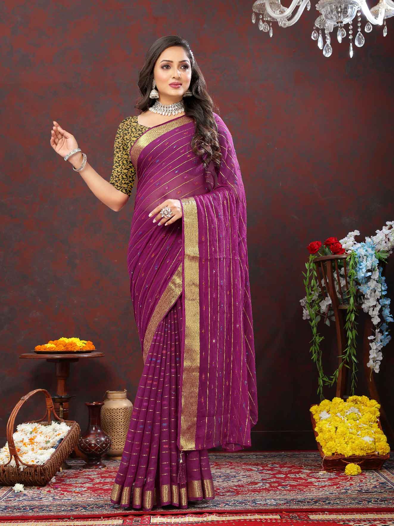 Wedding & Party Wear Women's Woven Stripe Purple Chiffon Saree with Zari Work