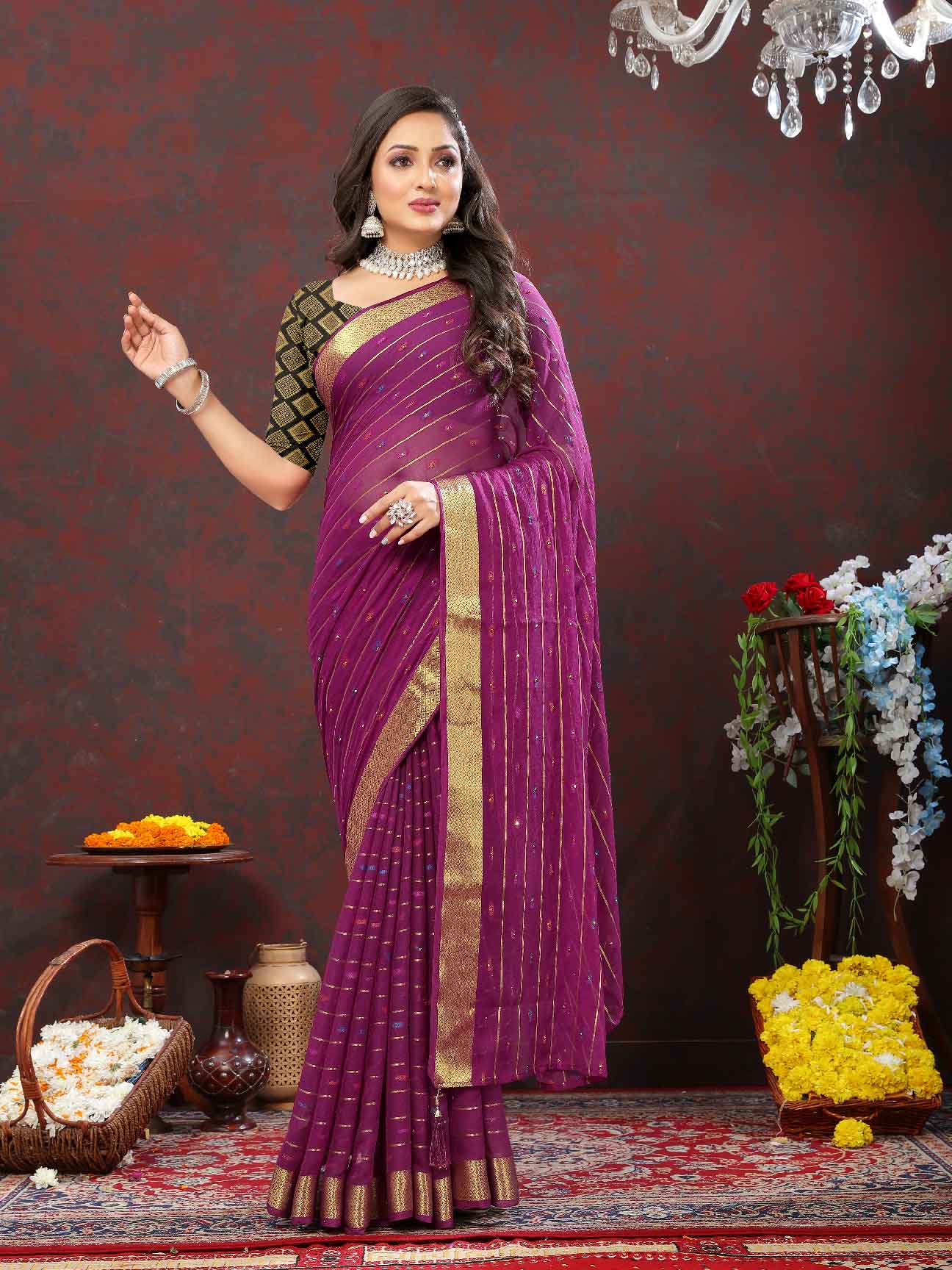 Women's Party Wear Woven Stripe Zari Border Purple Chiffon Saree with Zari Work