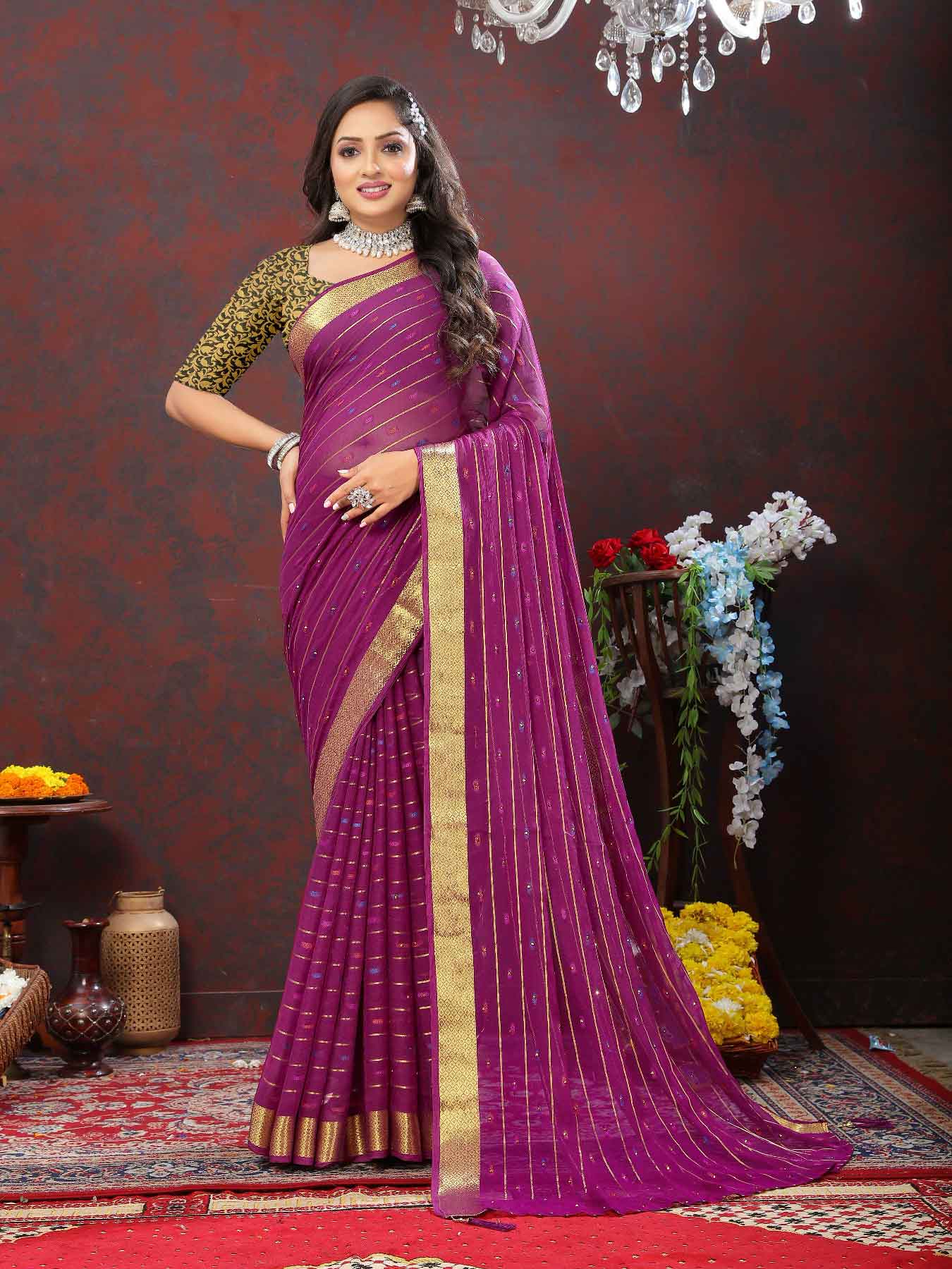 Wedding & Party Wear Women's Woven Stripe Purple Chiffon Saree with Zari Work