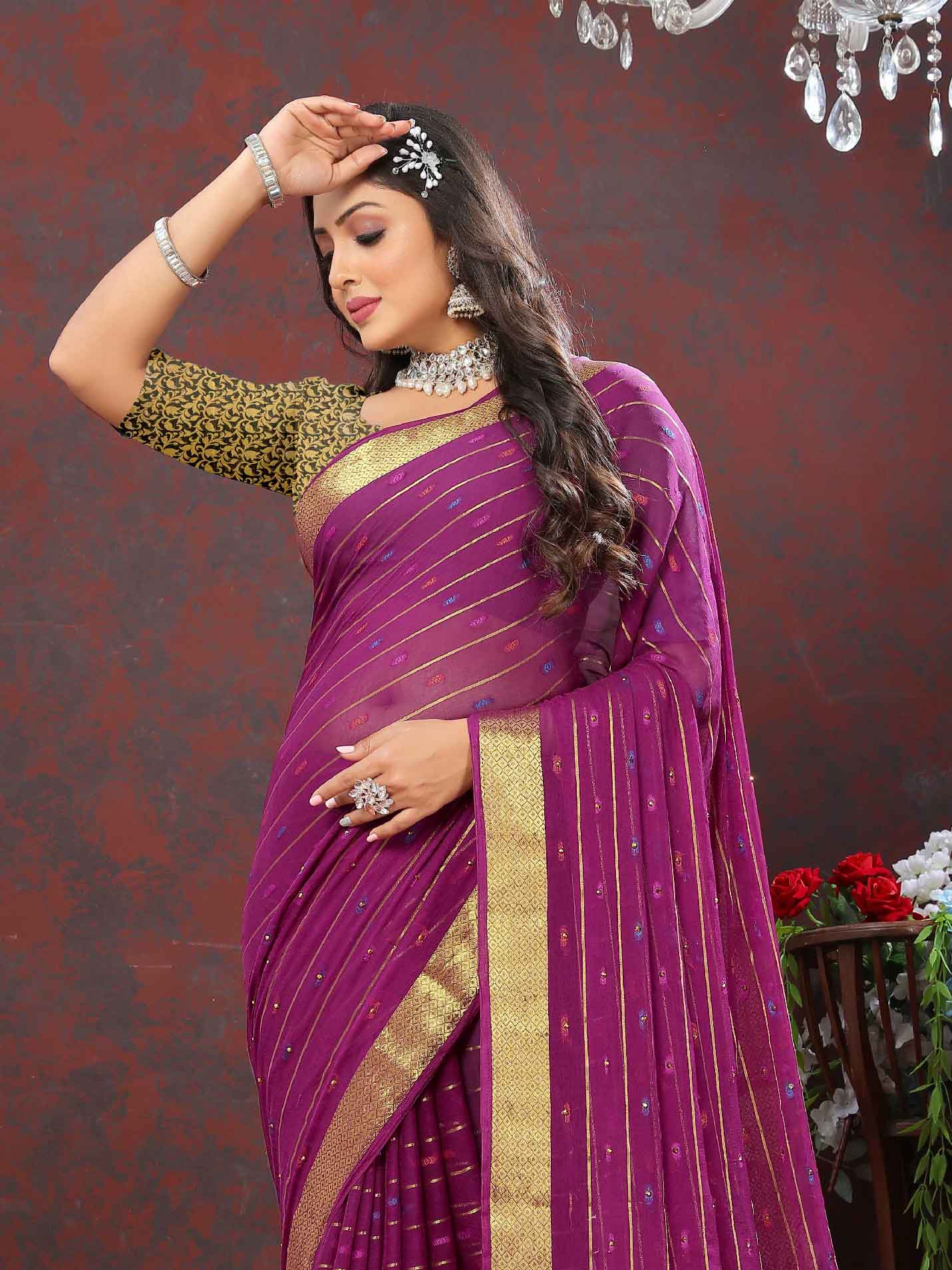 Wedding & Party Wear Women's Woven Stripe Purple Chiffon Saree with Zari Work