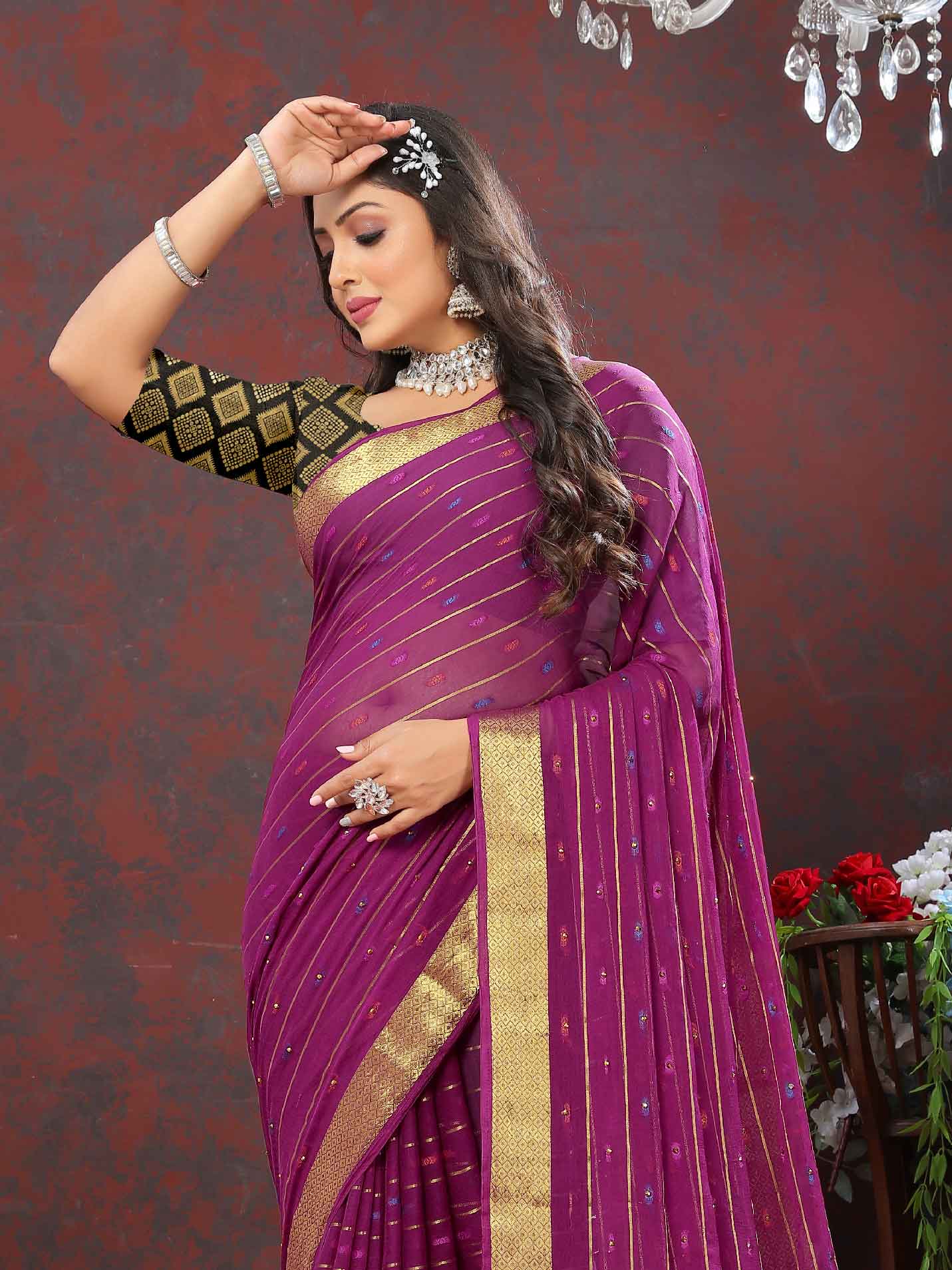 Women's Party Wear Woven Stripe Zari Border Purple Chiffon Saree with Zari Work