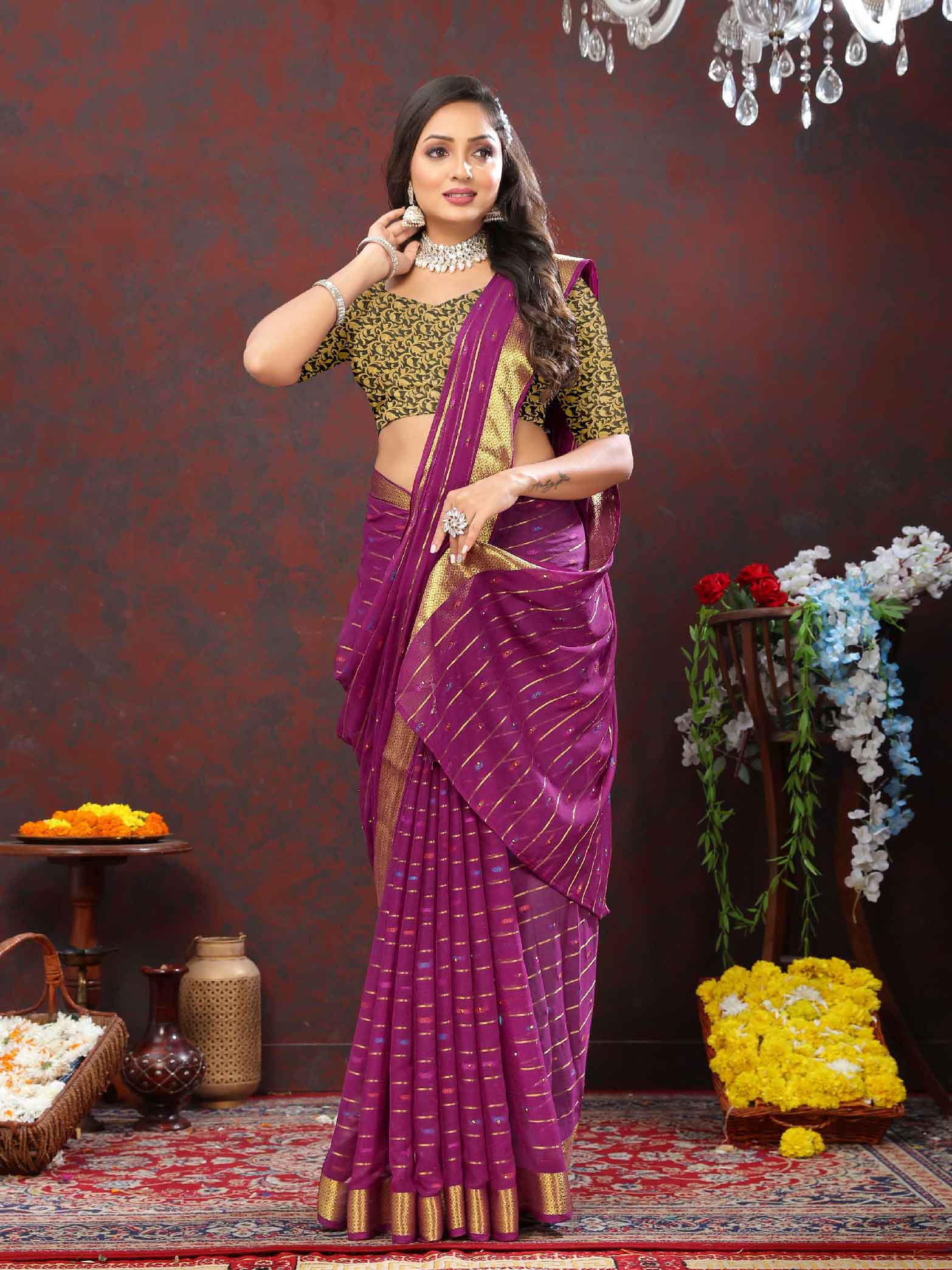 Wedding & Party Wear Women's Woven Stripe Purple Chiffon Saree with Zari Work