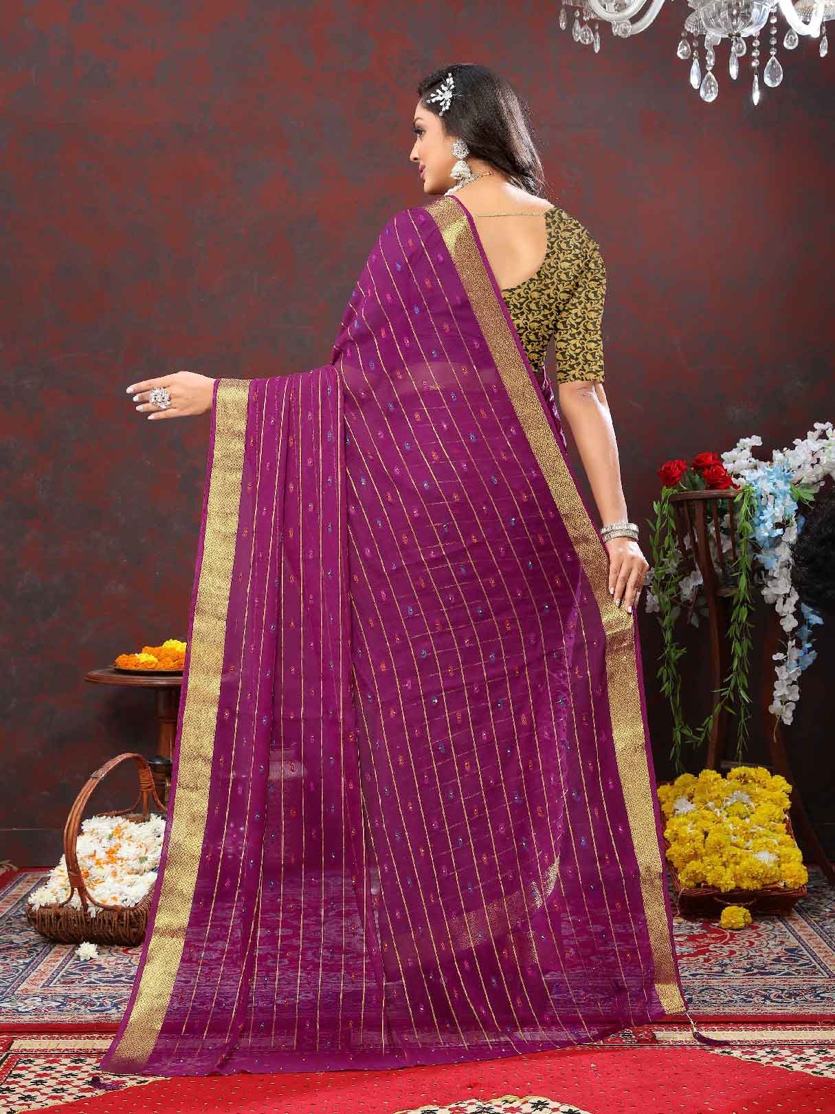 Wedding & Party Wear Women's Woven Stripe Purple Chiffon Saree with Zari Work