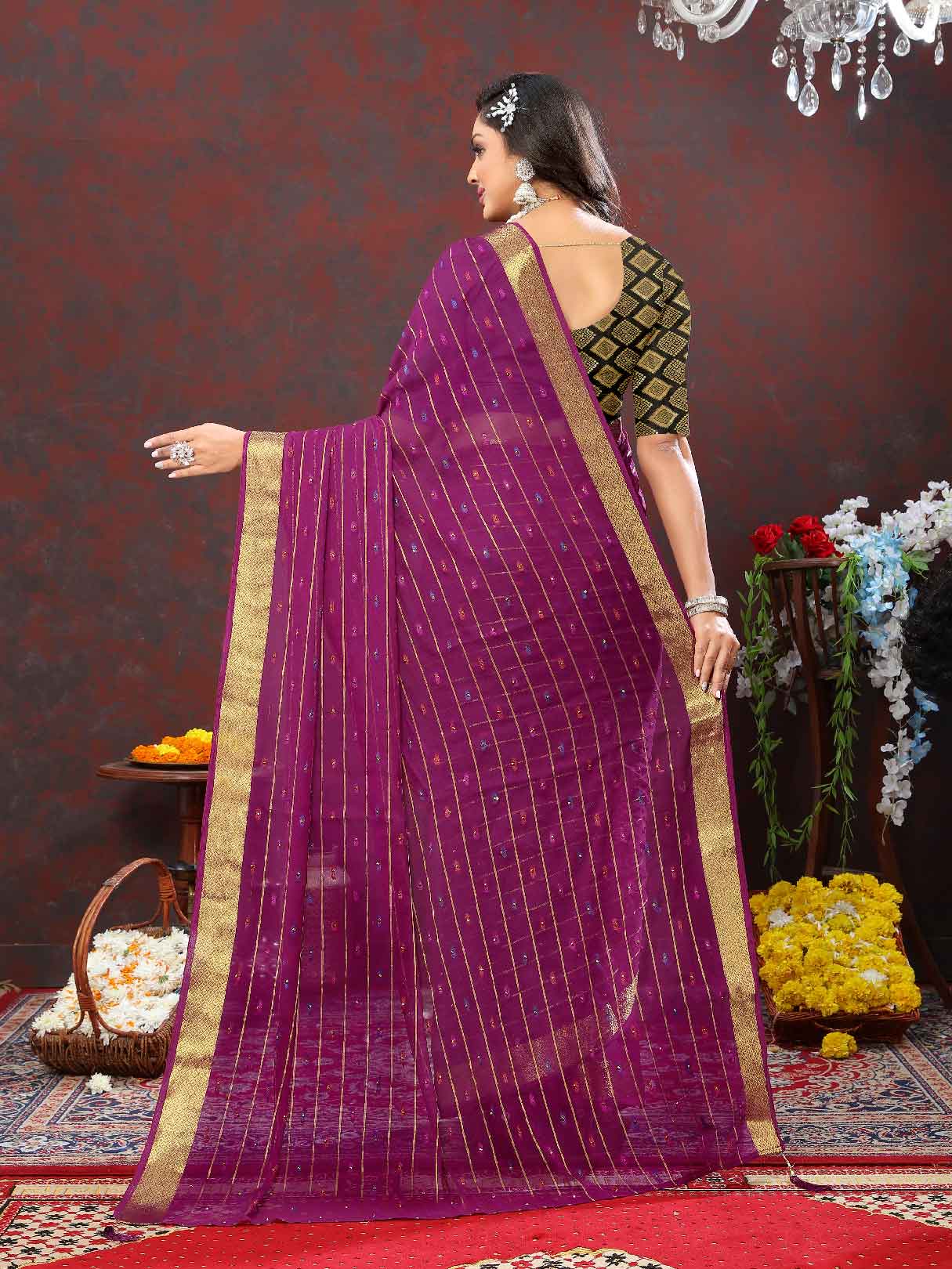 Women's Party Wear Woven Stripe Zari Border Purple Chiffon Saree with Zari Work