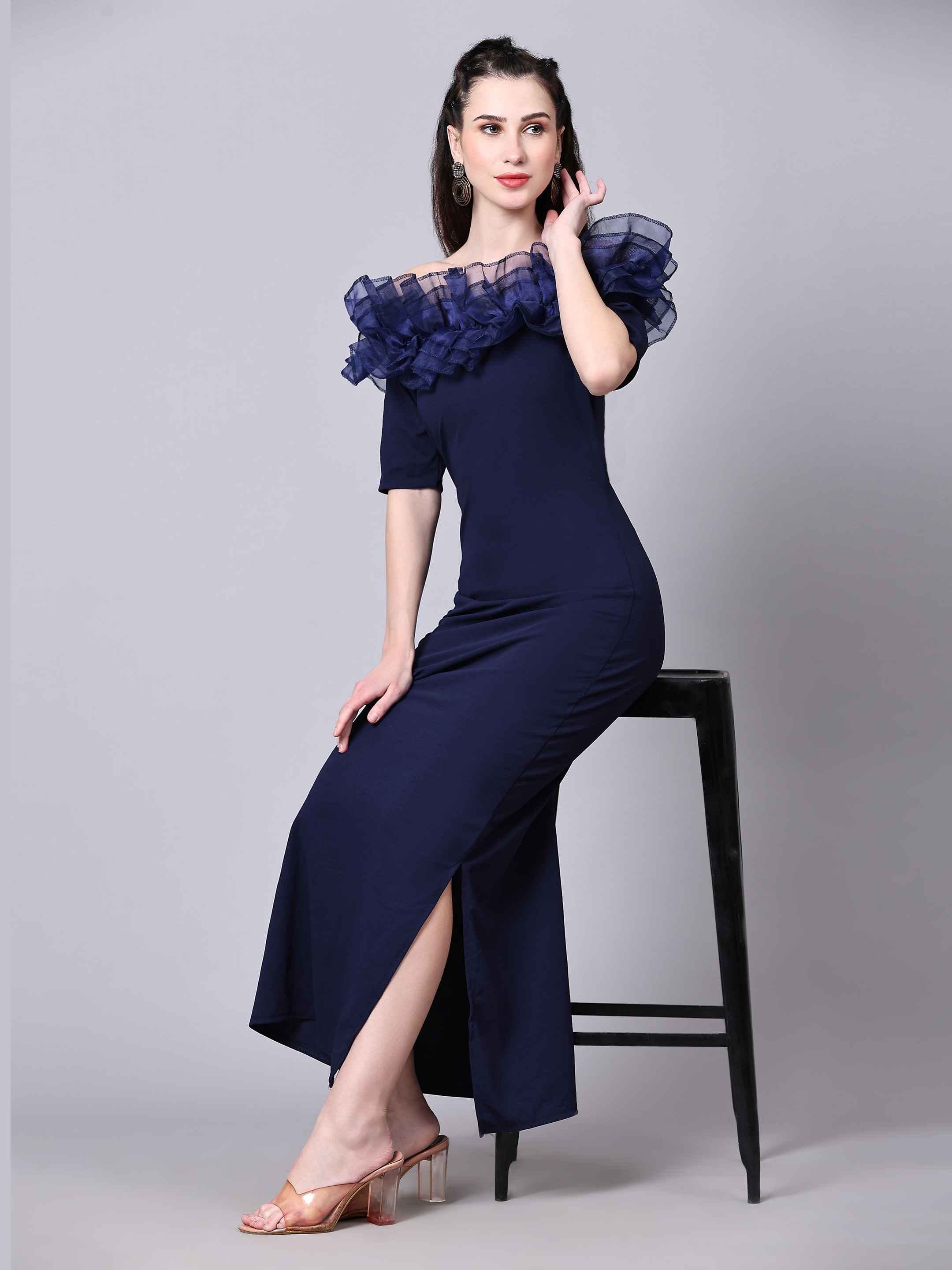 Rheycart Women's Cotton Lycra Solid Off Shoulder Half Sleeve Blue Dress For Women