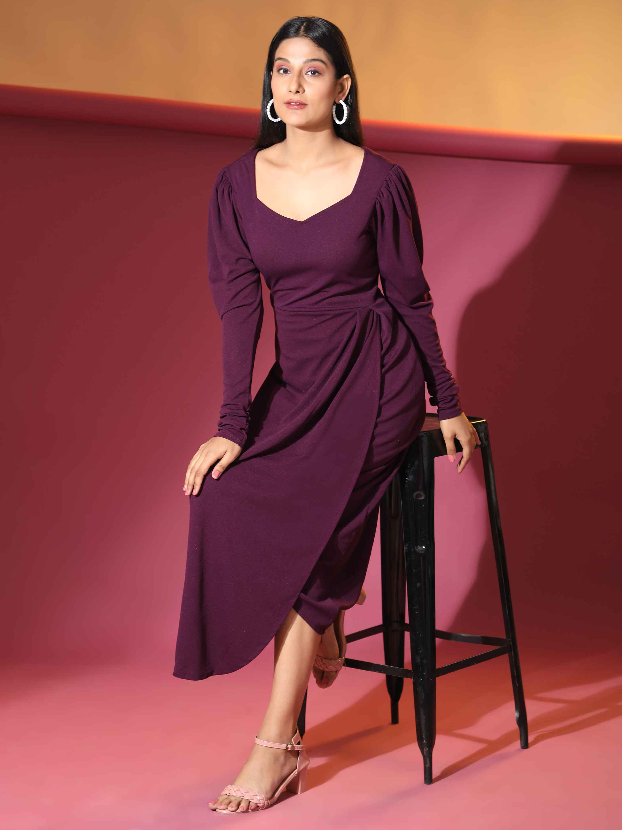 Rheycart Women's Cotton Lycra Solid V Neck Full Sleeve Purple Dress For Women